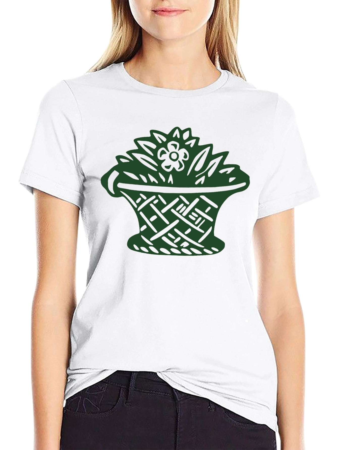 Black T-Shirt with Green Floral Basket Design