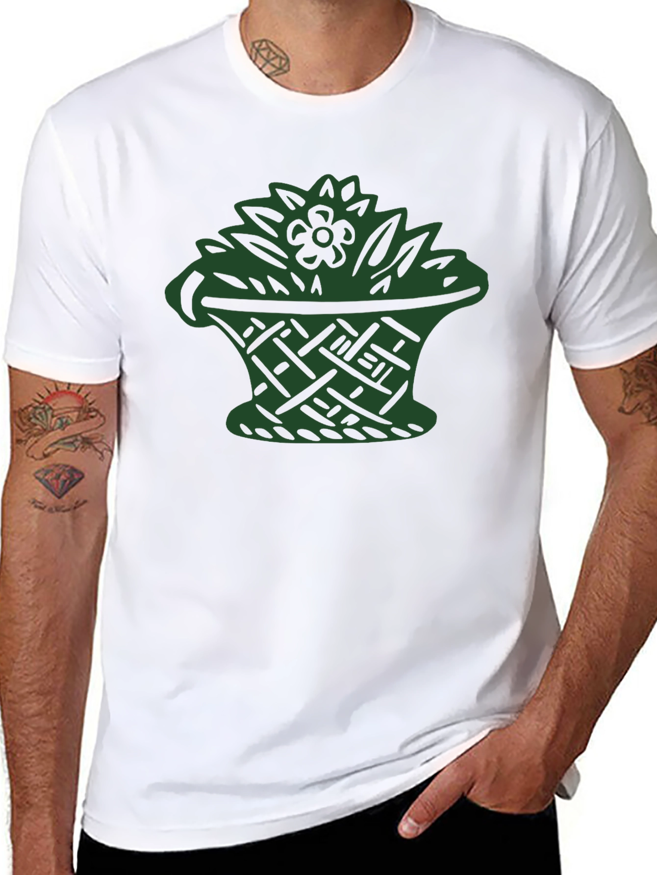 Black T-Shirt with Green Floral Basket Design