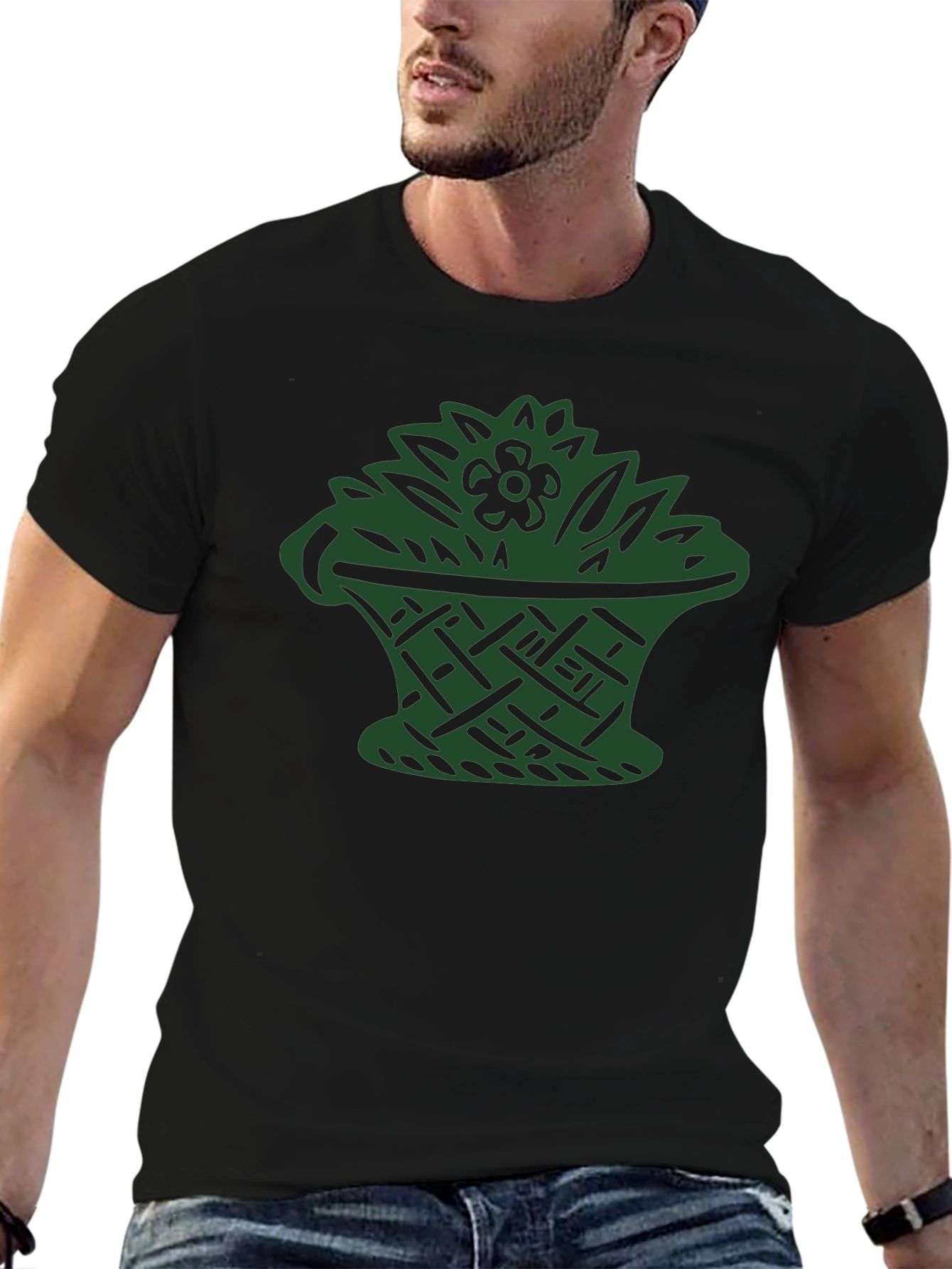 Black T-Shirt with Green Floral Basket Design