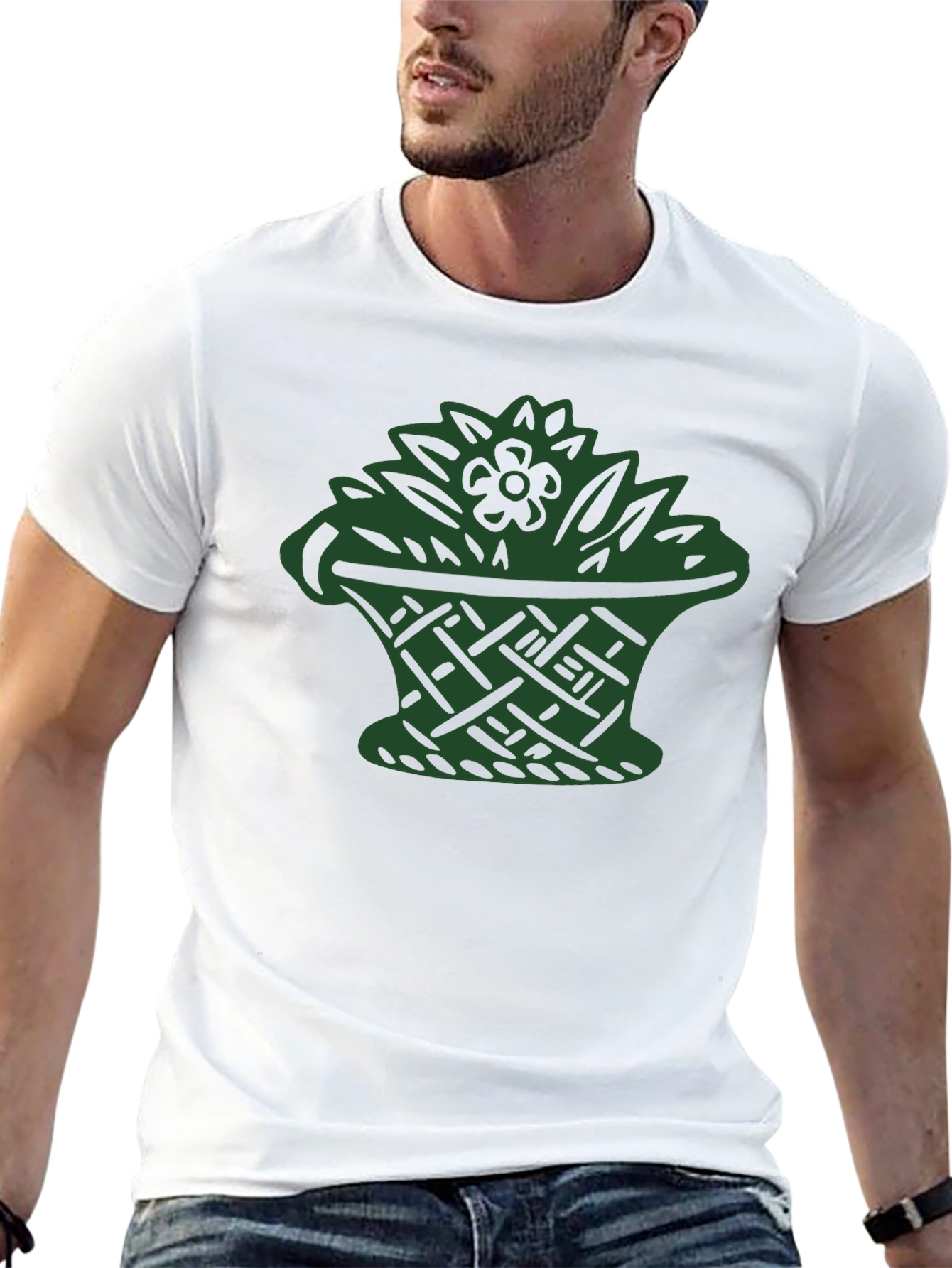 Black T-Shirt with Green Floral Basket Design