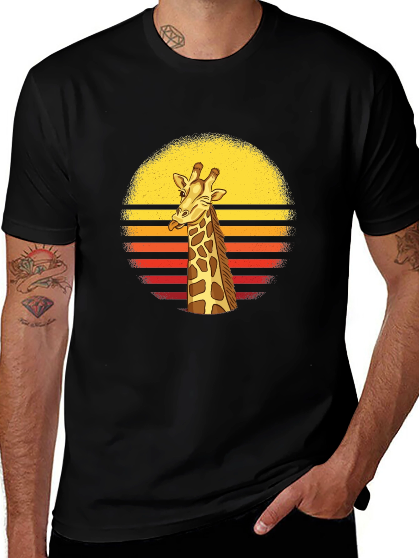 Funny Giraffe Retro Sunset Mens Black T-Shirt