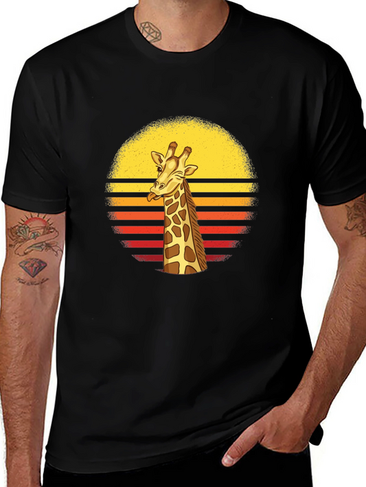 Funny Giraffe Retro Sunset Mens Black T-Shirt