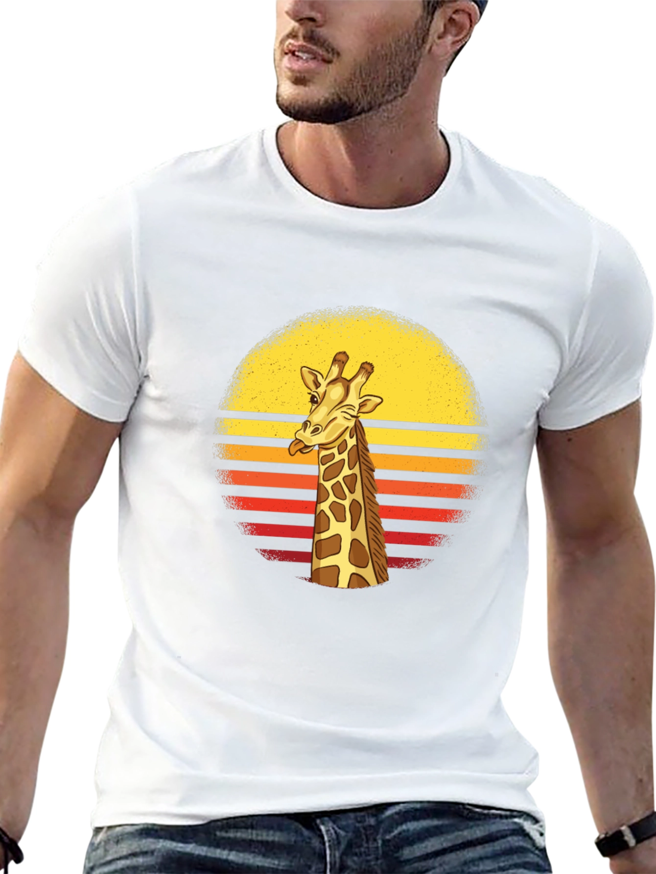 Funny Giraffe Retro Sunset Mens Black T-Shirt
