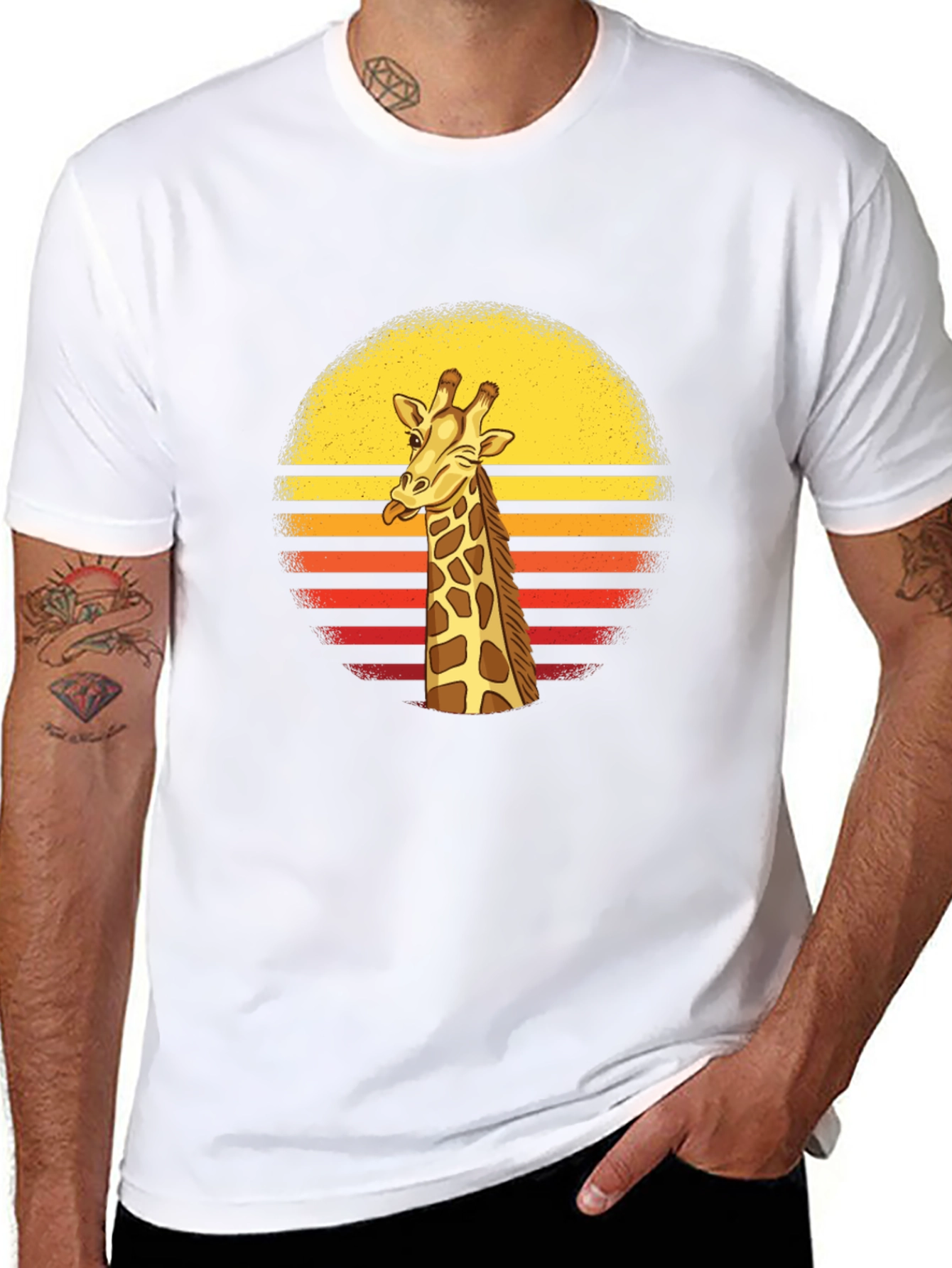 Funny Giraffe Retro Sunset Mens Black T-Shirt