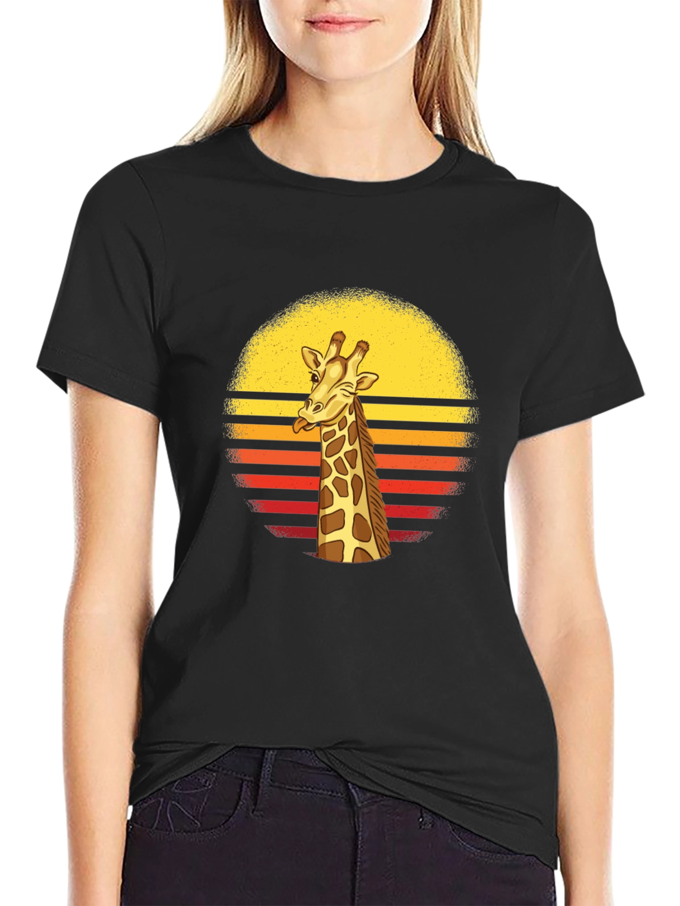Funny Giraffe Retro Sunset Mens Black T-Shirt