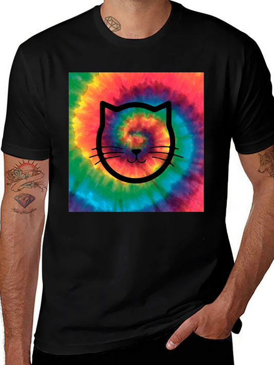 Tie-Dye Cat Graphic Tee - Black Cotton Comfort