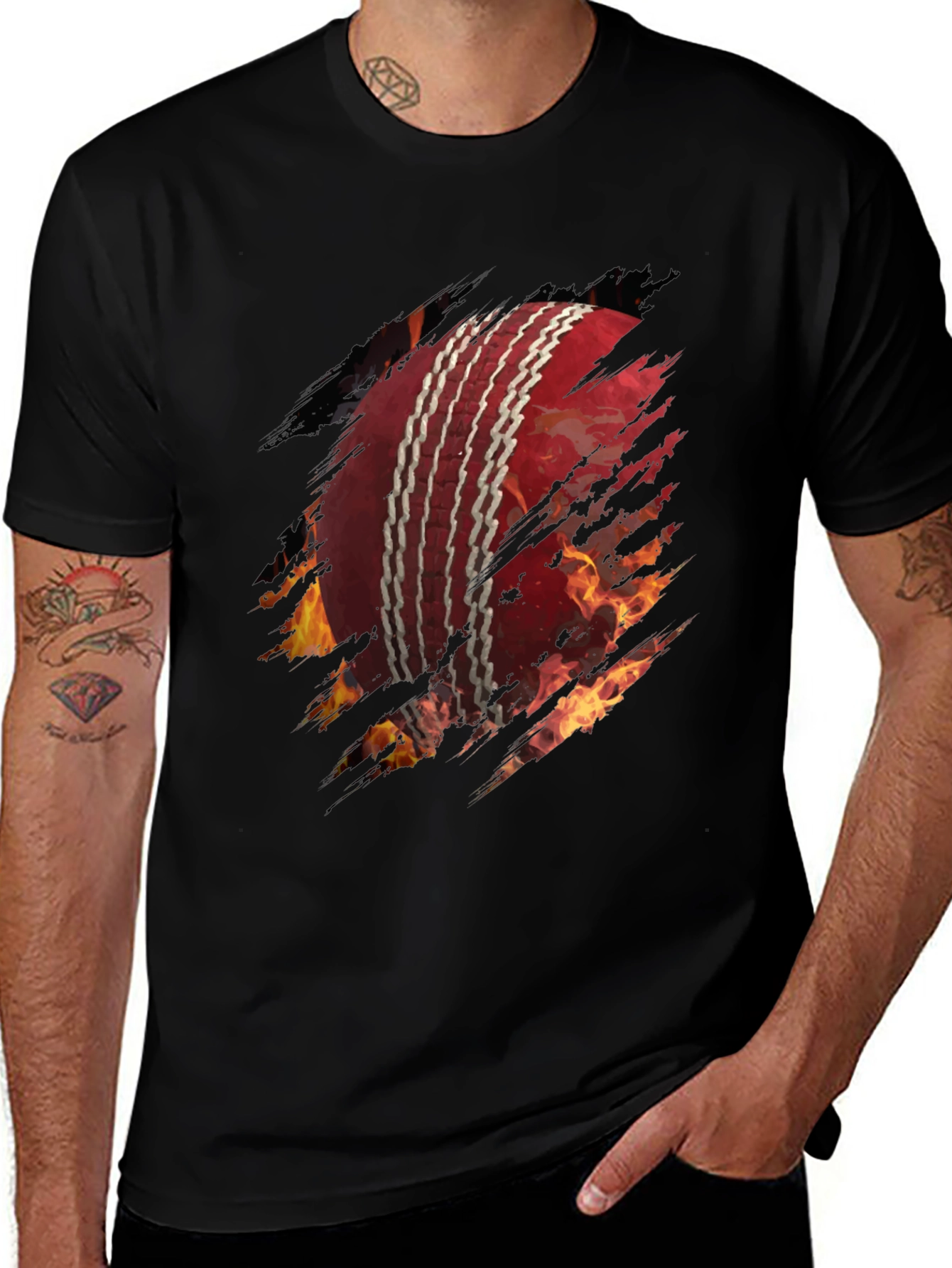 Fiery Cricket Ball Graphic Tee - Black Cotton T-Shirt