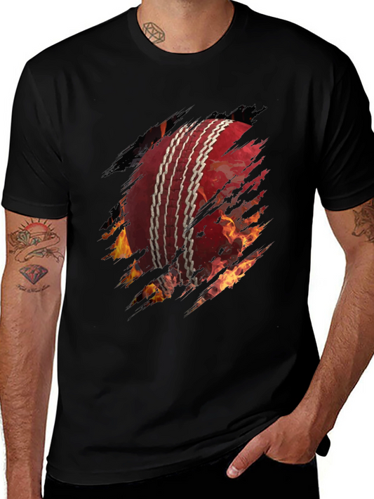 Fiery Cricket Ball Graphic Tee - Black Cotton T-Shirt