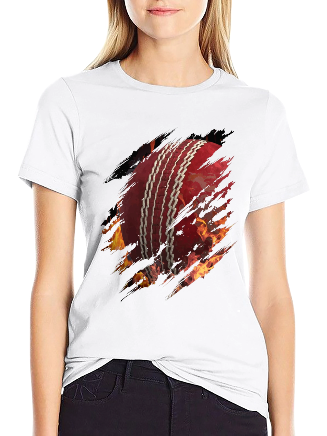 Fiery Cricket Ball Graphic Tee - Black Cotton T-Shirt