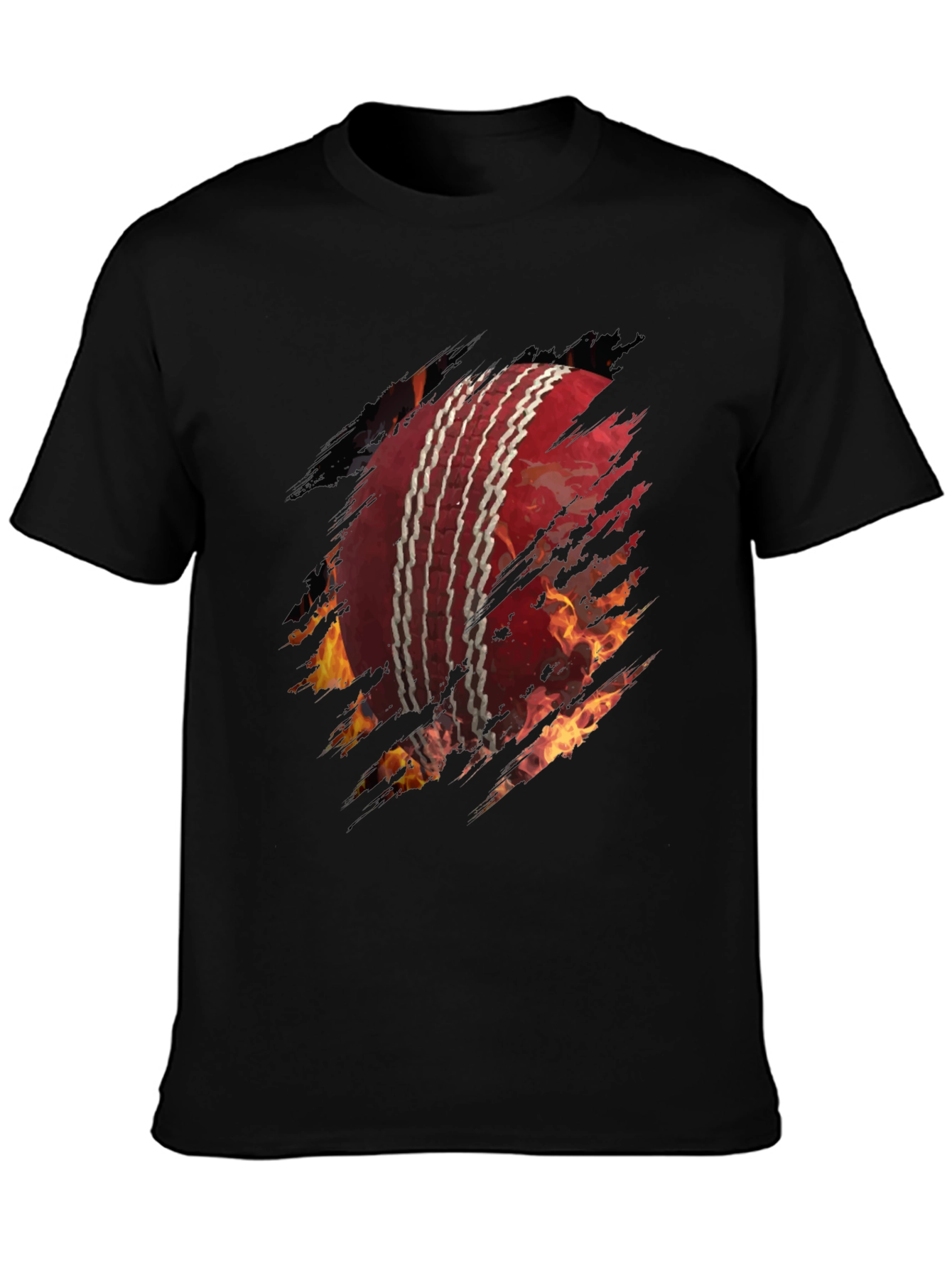 Fiery Cricket Ball Graphic Tee - Black Cotton T-Shirt
