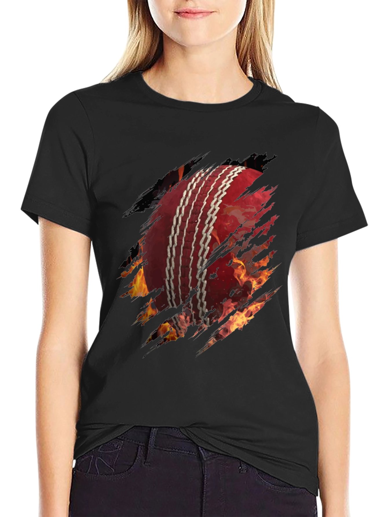Fiery Cricket Ball Graphic Tee - Black Cotton T-Shirt