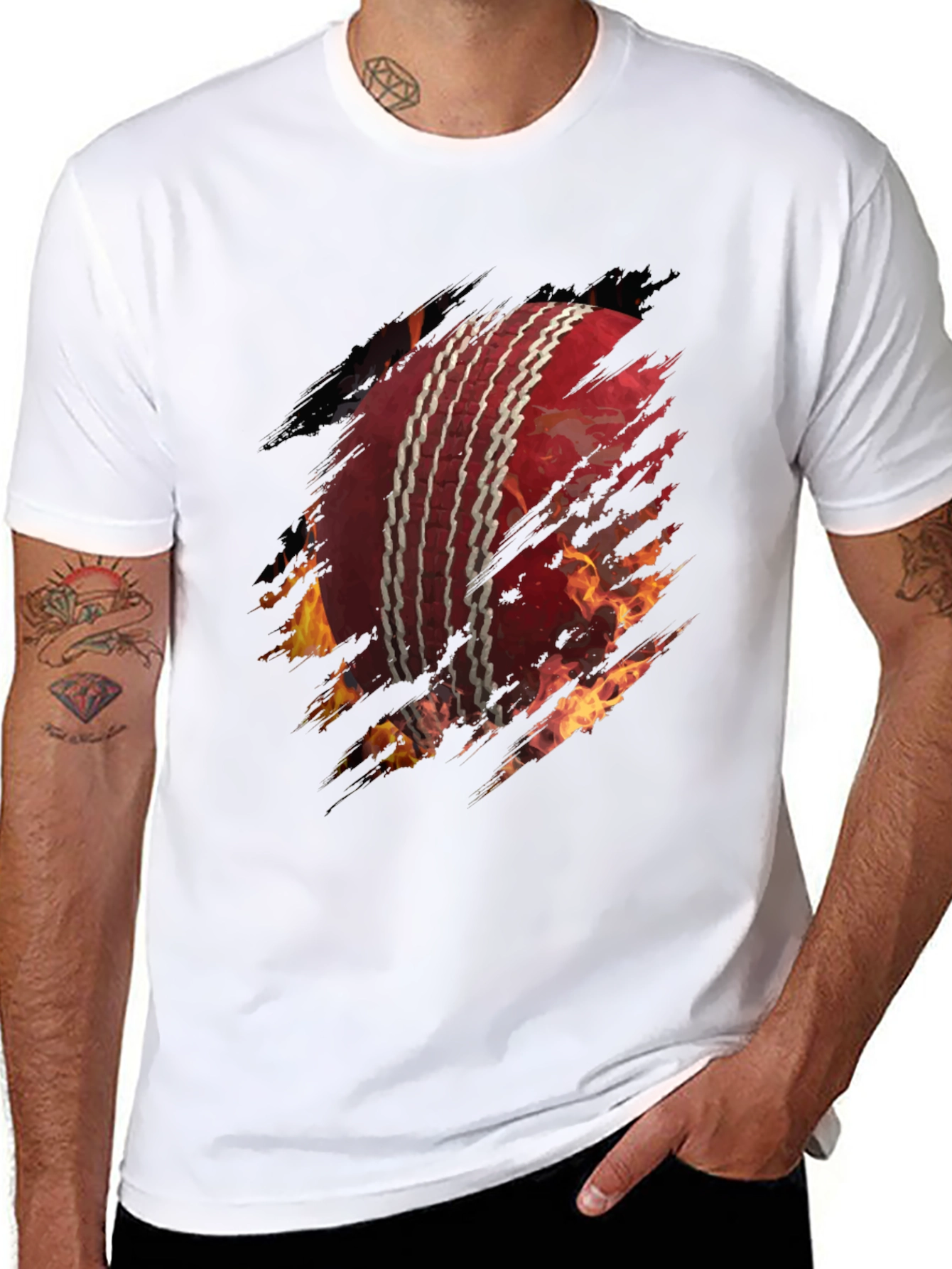Fiery Cricket Ball Graphic Tee - Black Cotton T-Shirt