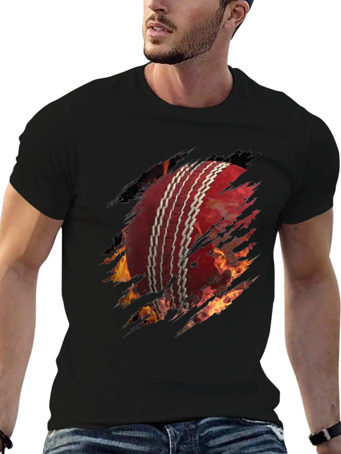 Fiery Cricket Ball Graphic Tee - Black Cotton T-Shirt