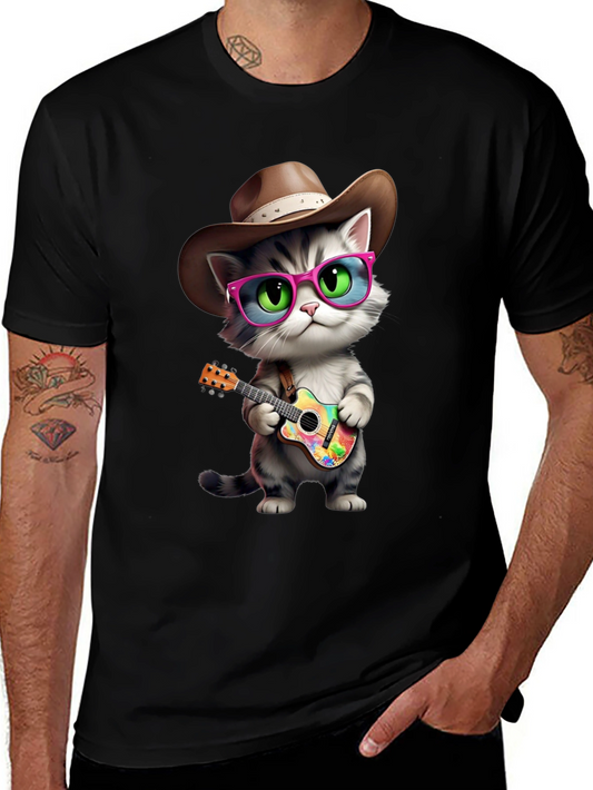 Cool Cat Cowboy T-Shirt - Playful Guitar Design