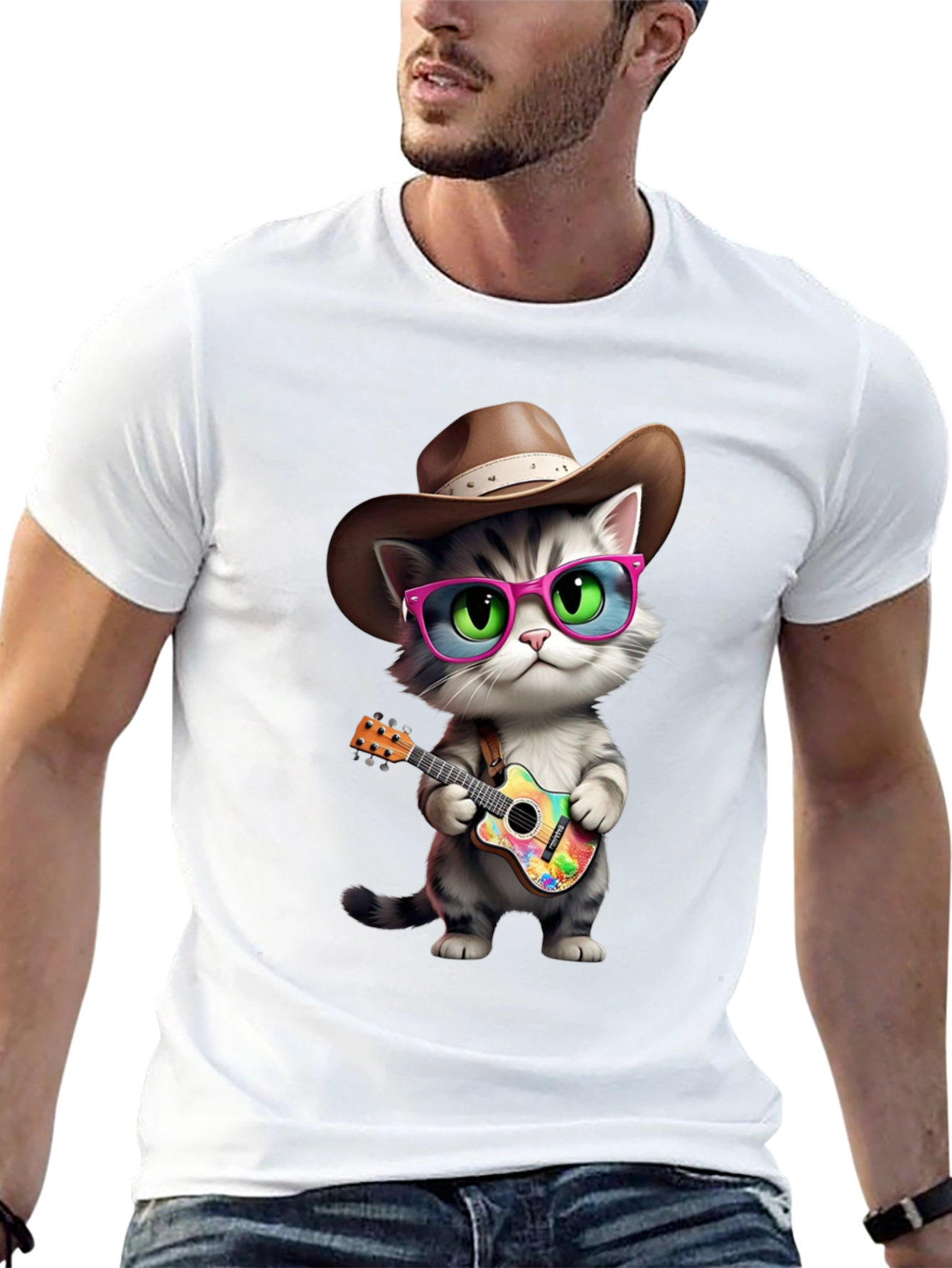 Cool Cat Cowboy T-Shirt - Playful Guitar Design