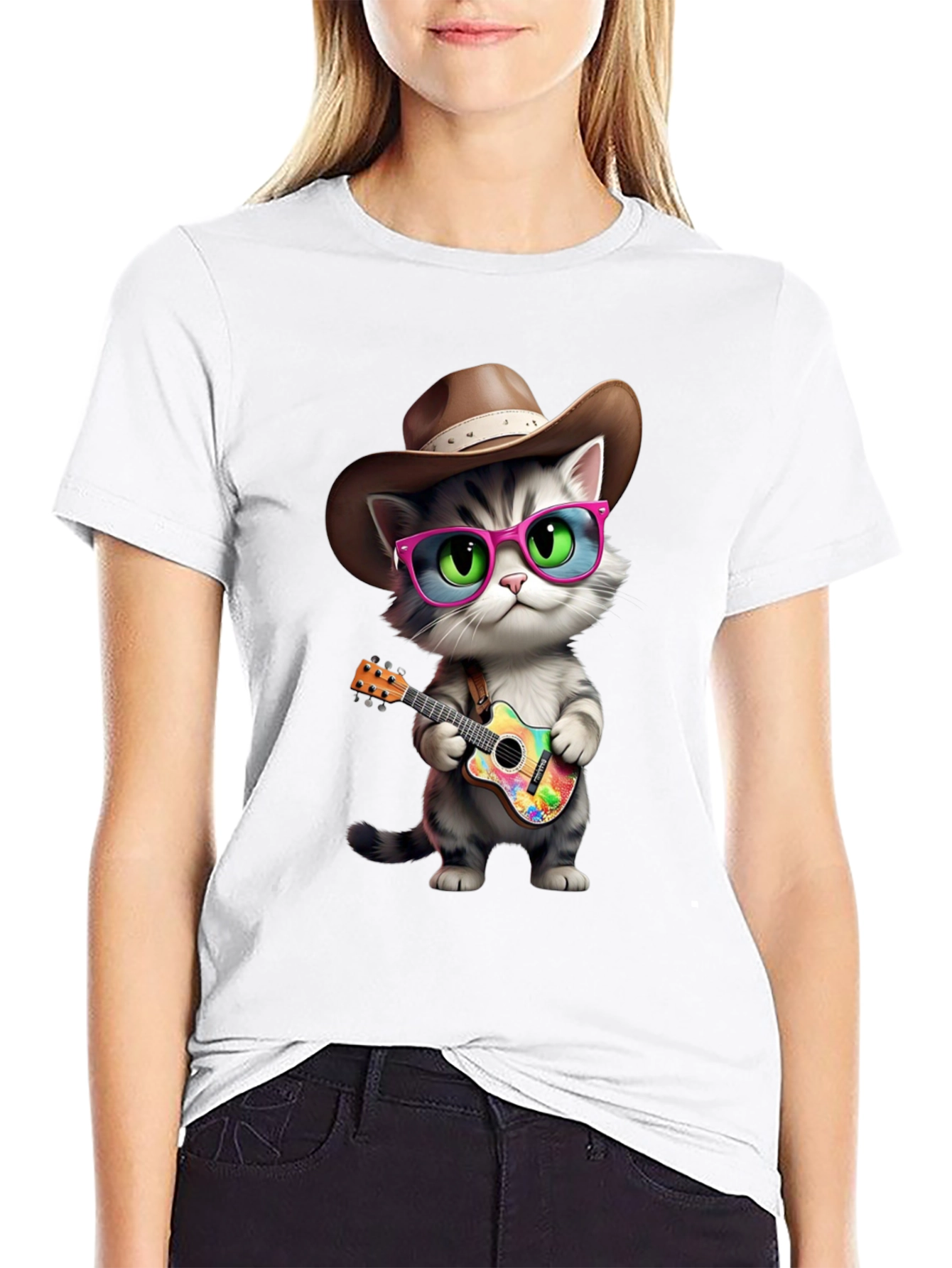 Cool Cat Cowboy T-Shirt - Playful Guitar Design