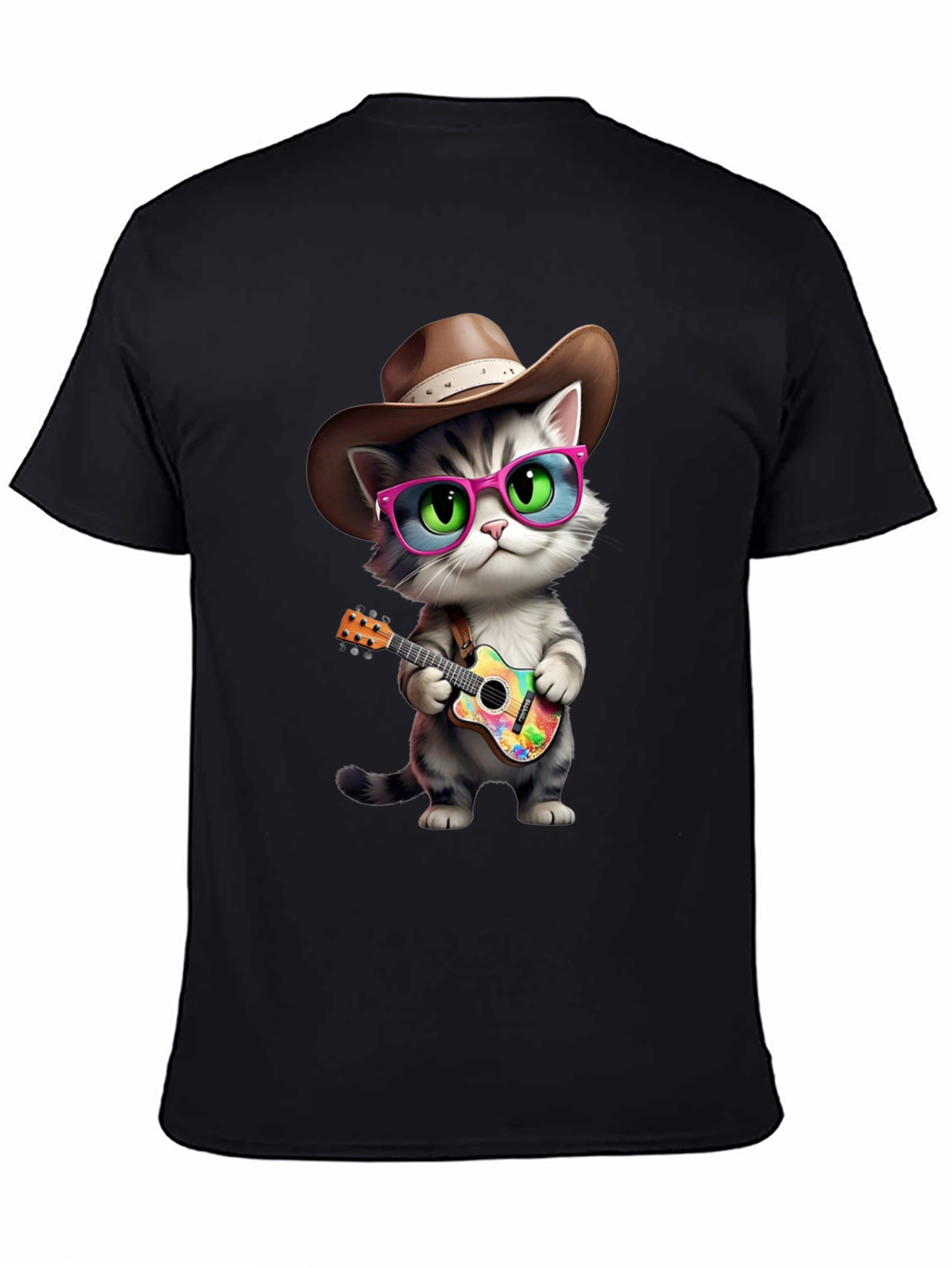 Cool Cat Cowboy T-Shirt - Playful Guitar Design