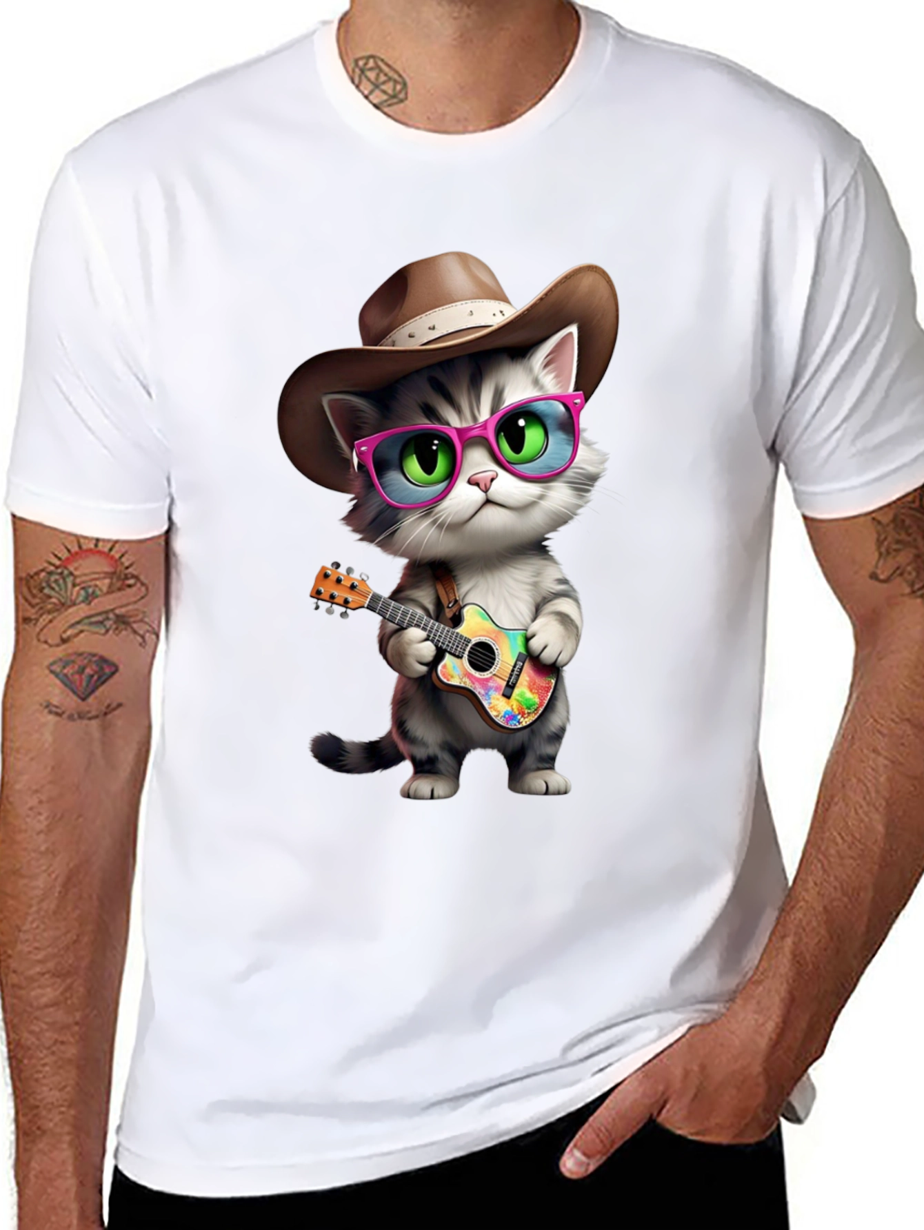 Cool Cat Cowboy T-Shirt - Playful Guitar Design