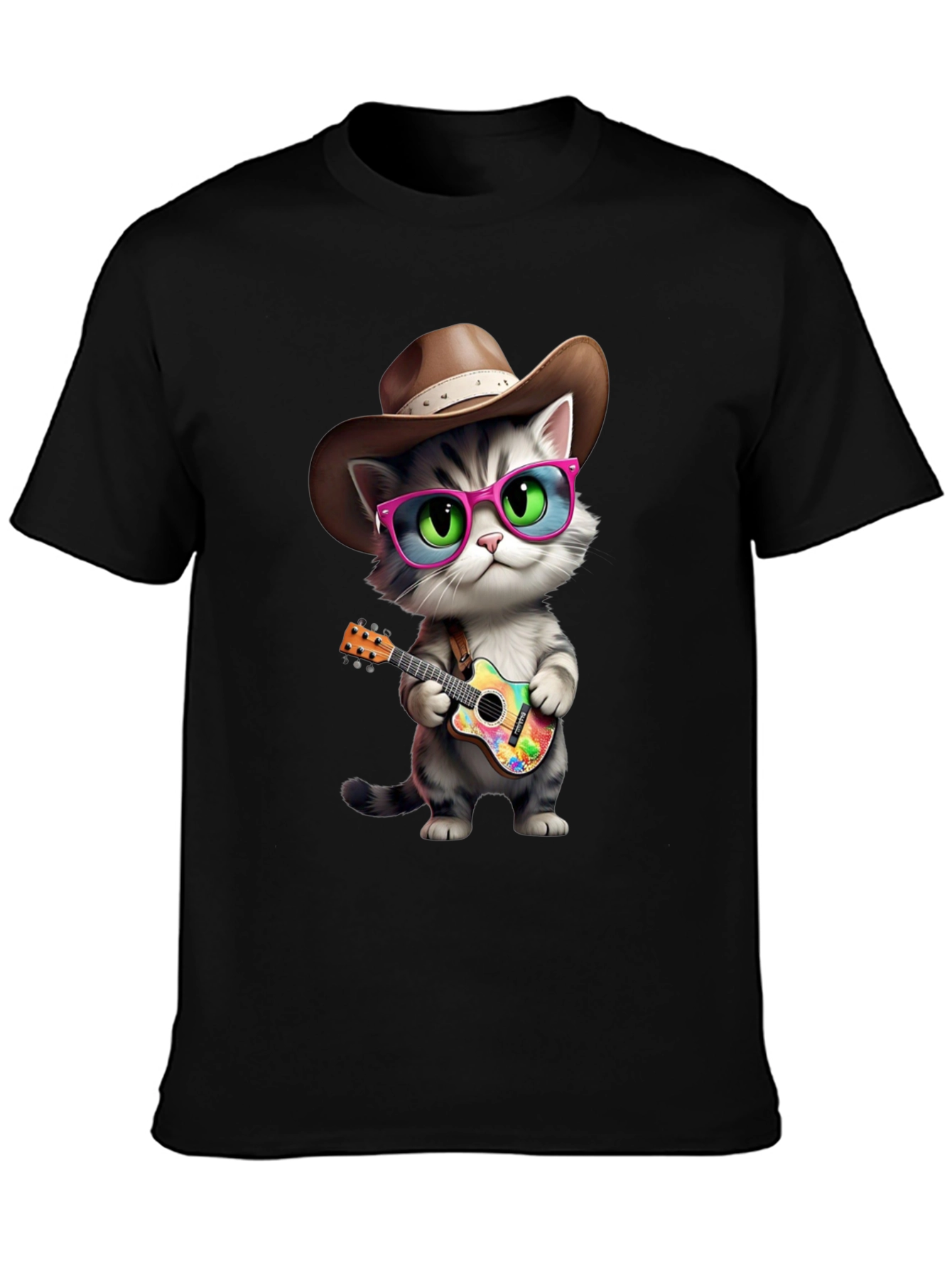 Cool Cat Cowboy T-Shirt - Playful Guitar Design