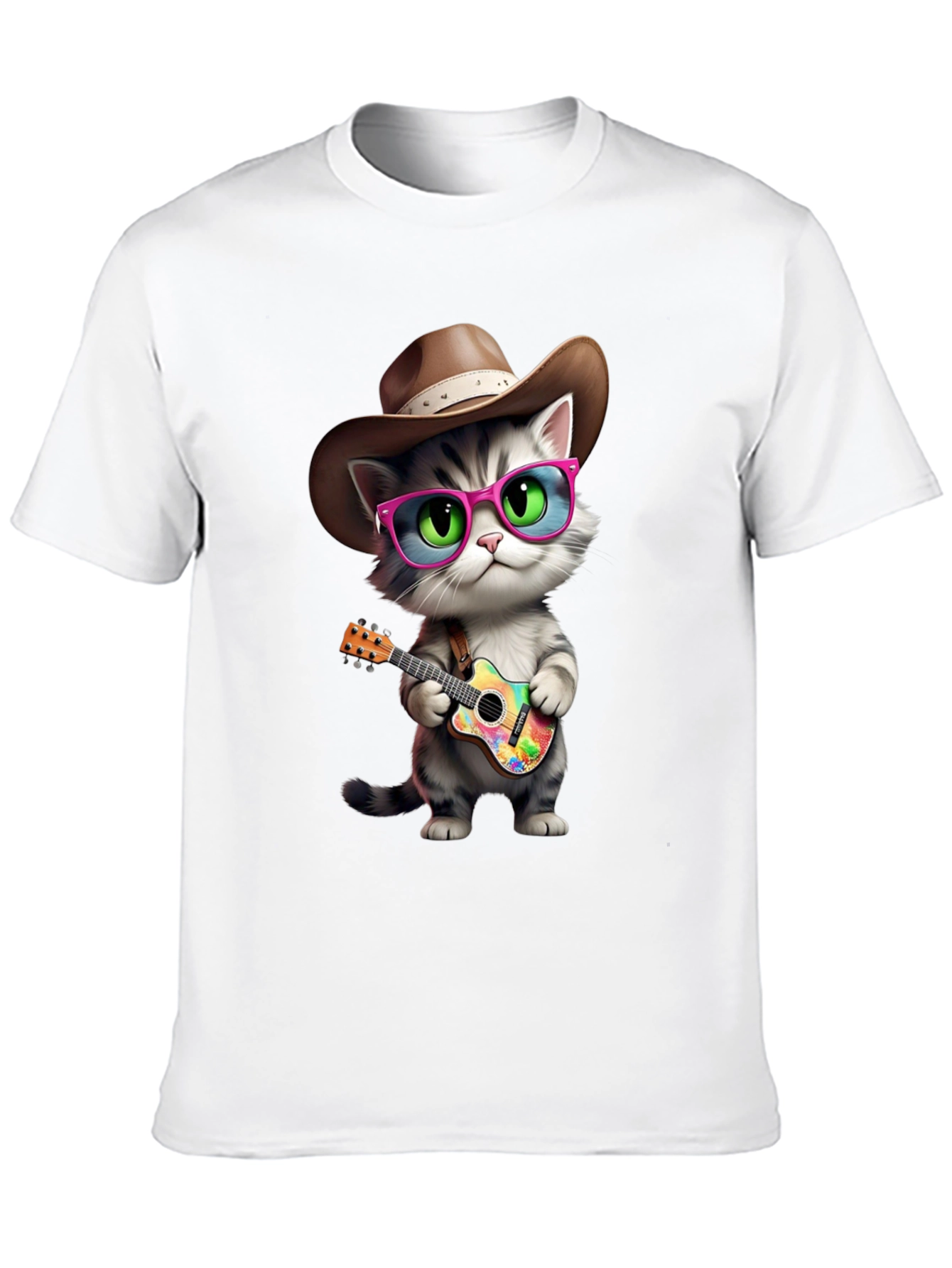 Cool Cat Cowboy T-Shirt - Playful Guitar Design