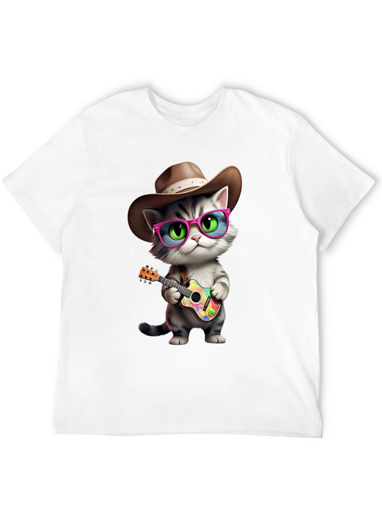 Cool Cat Cowboy T-Shirt - Playful Guitar Design