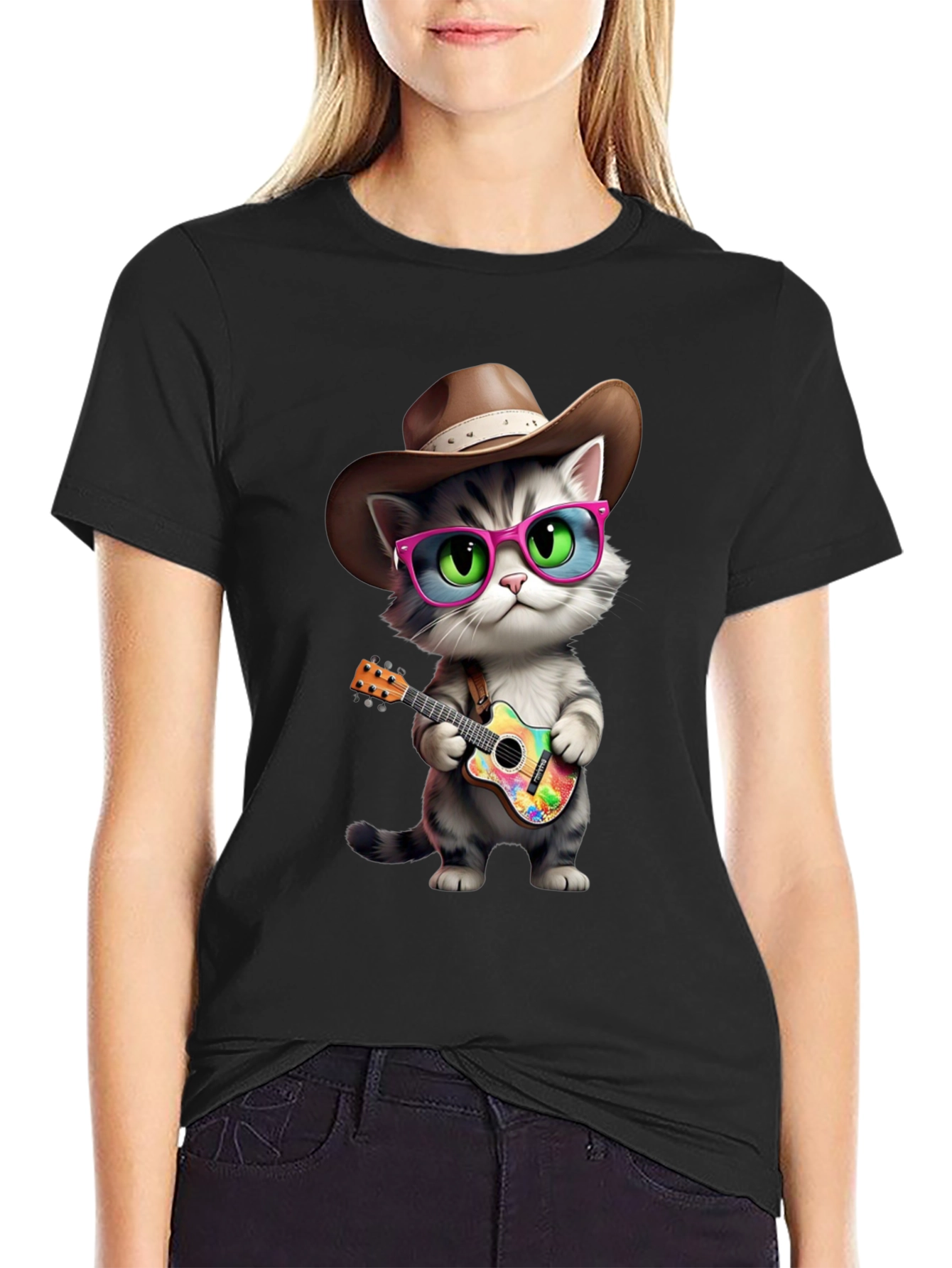 Cool Cat Cowboy T-Shirt - Playful Guitar Design