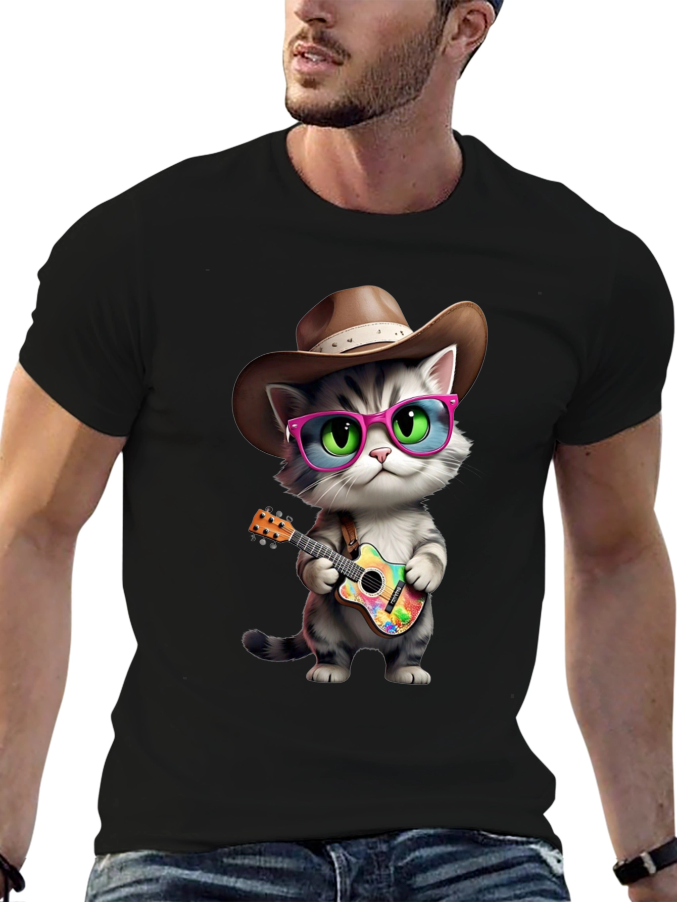 Cool Cat Cowboy T-Shirt - Playful Guitar Design