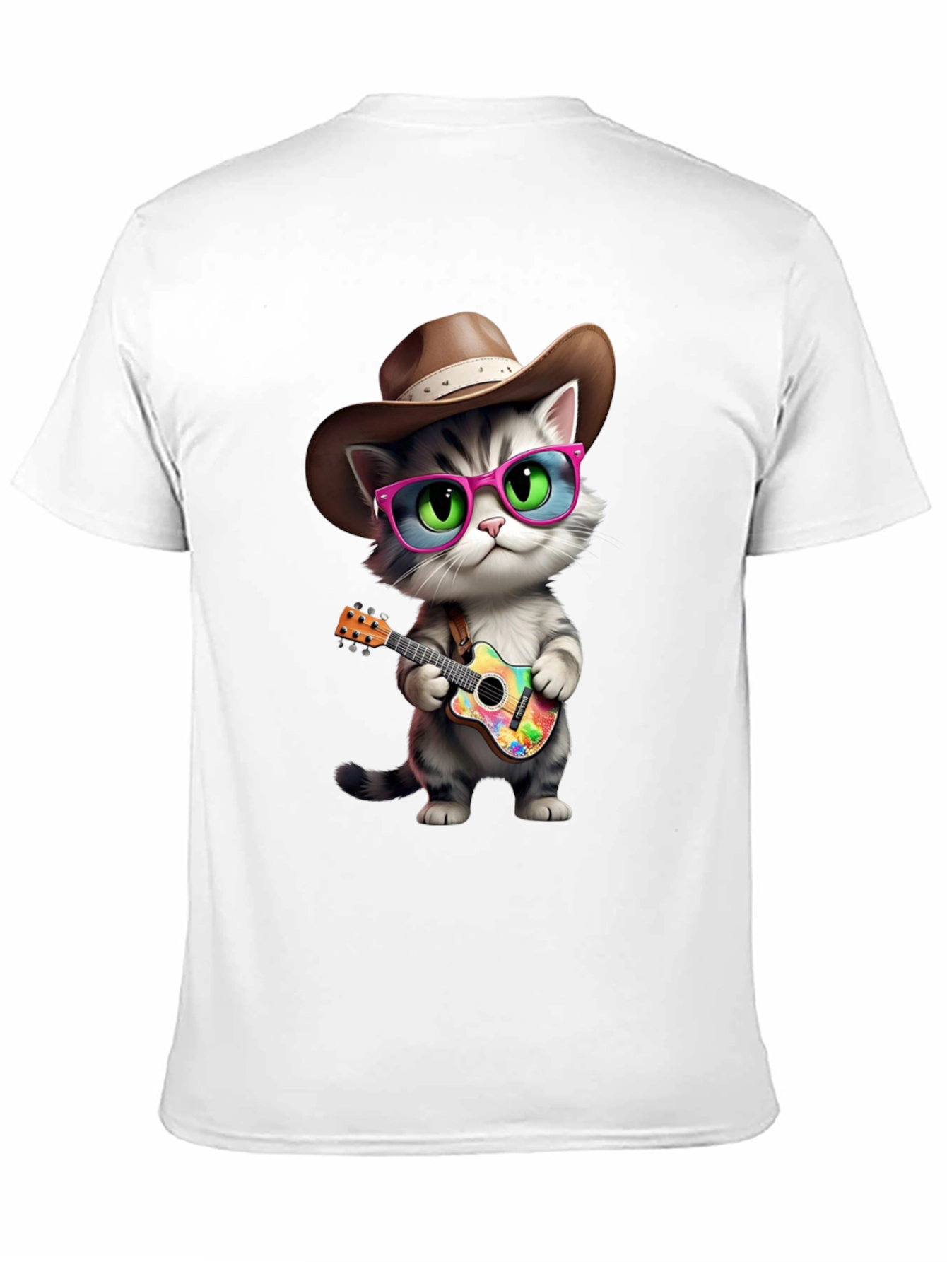 Cool Cat Cowboy T-Shirt - Playful Guitar Design