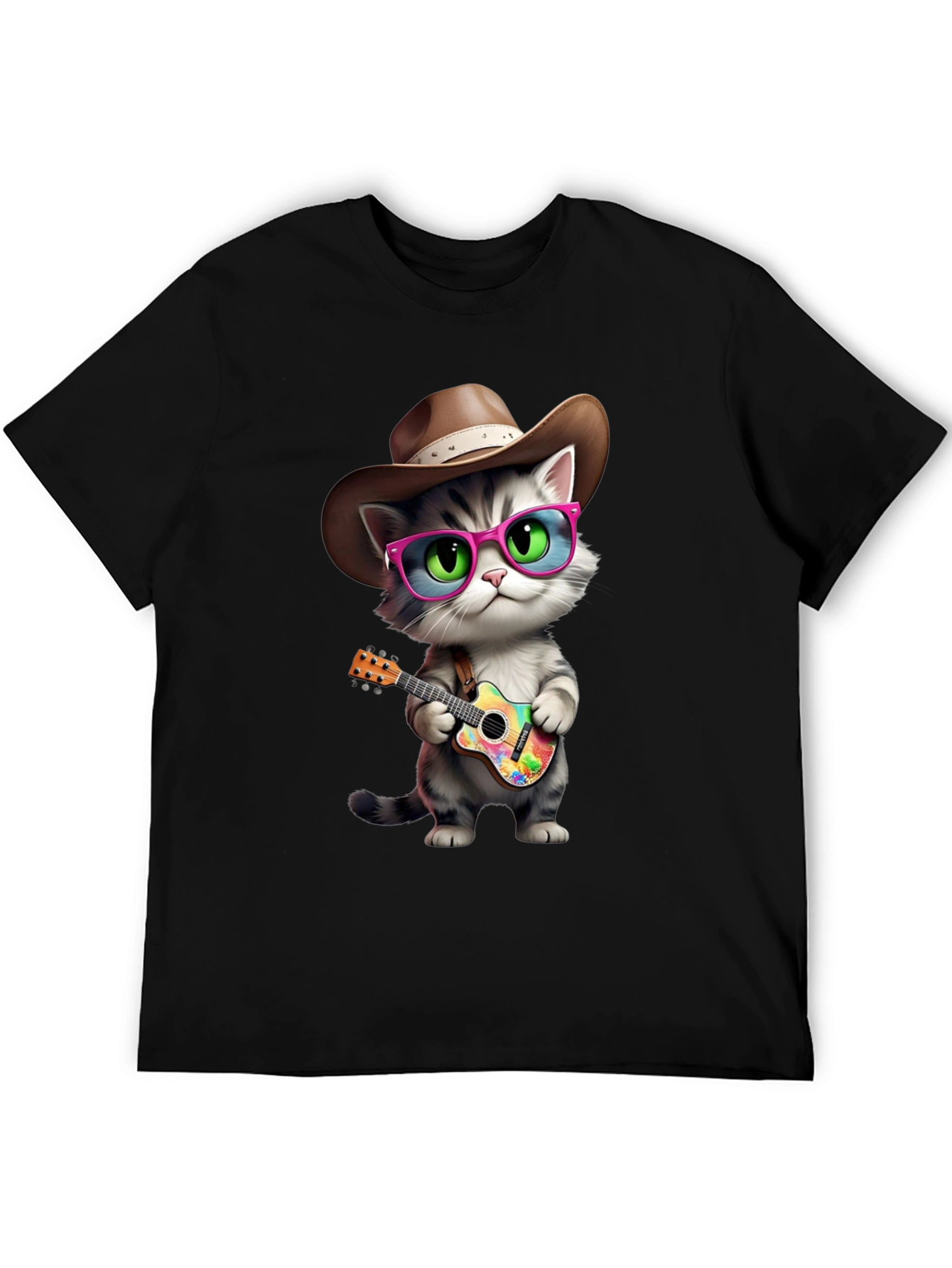 Cool Cat Cowboy T-Shirt - Playful Guitar Design
