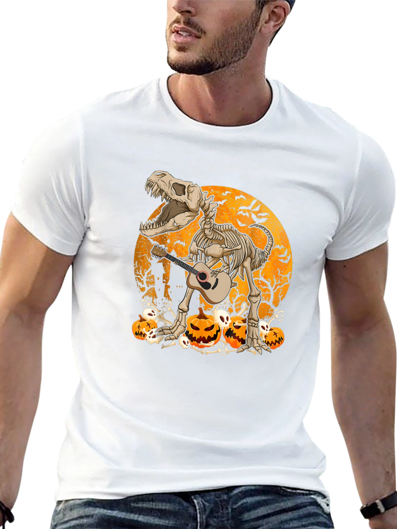 Dino Skeleton Halloween Guitar T-Shirt