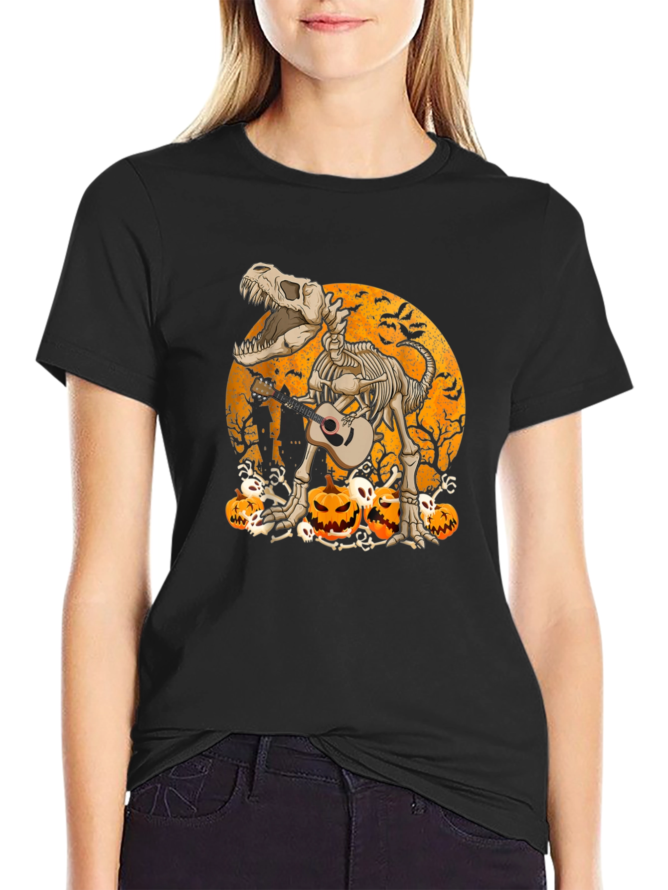 Dino Skeleton Halloween Guitar T-Shirt