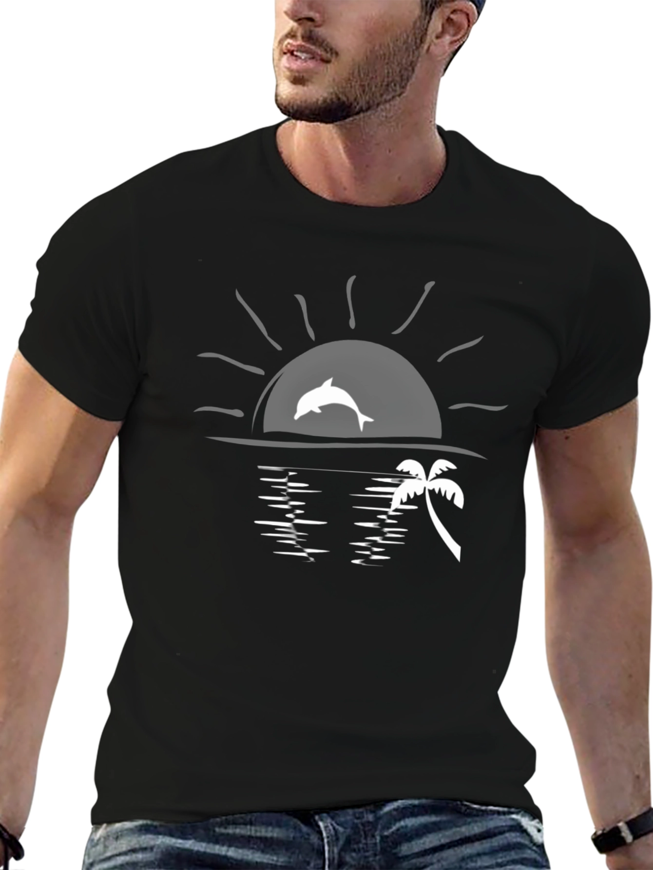 Sunset Dolphin Graphic Tee - Black