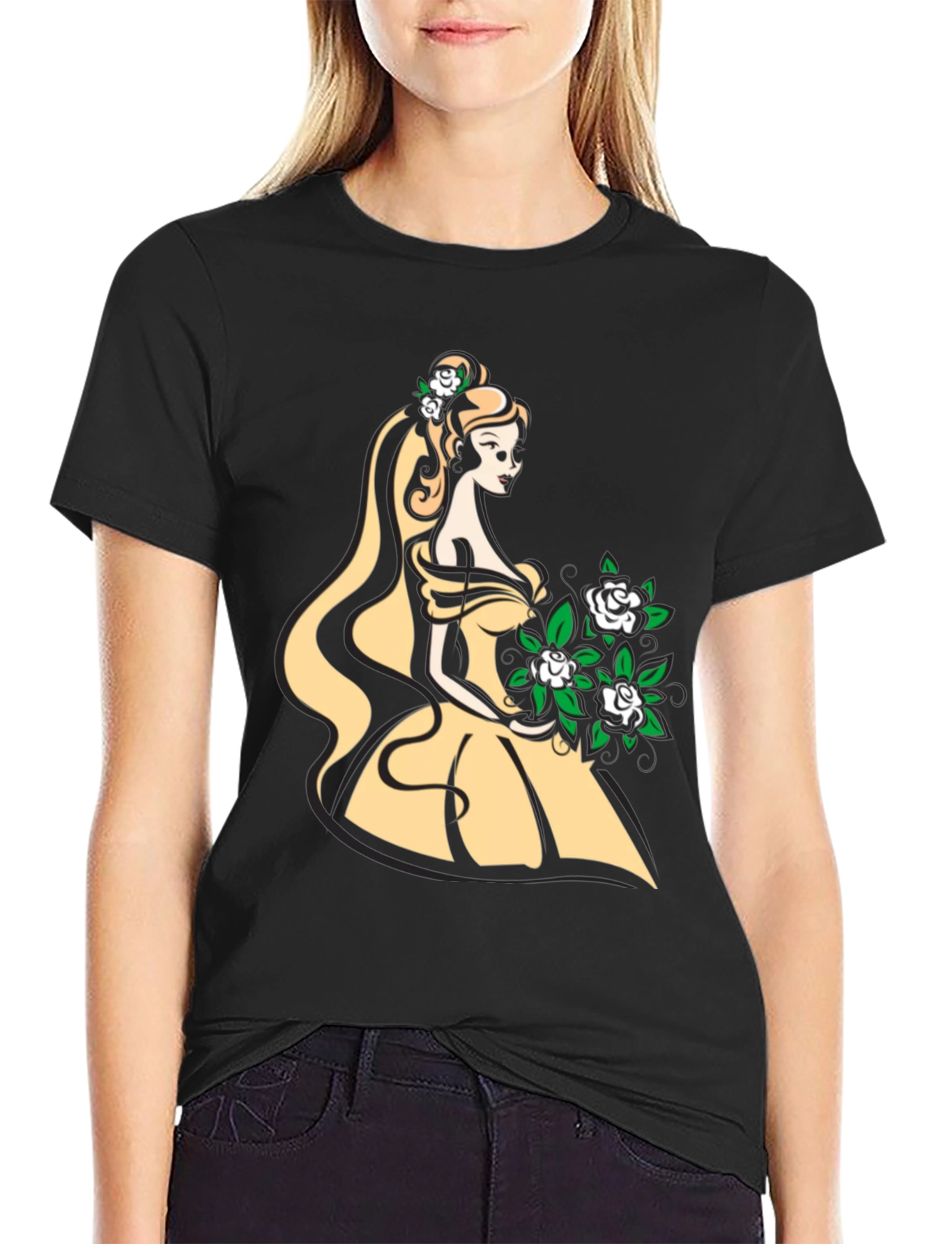 Elegant Belle-Inspired Graphic T-Shirt - Black