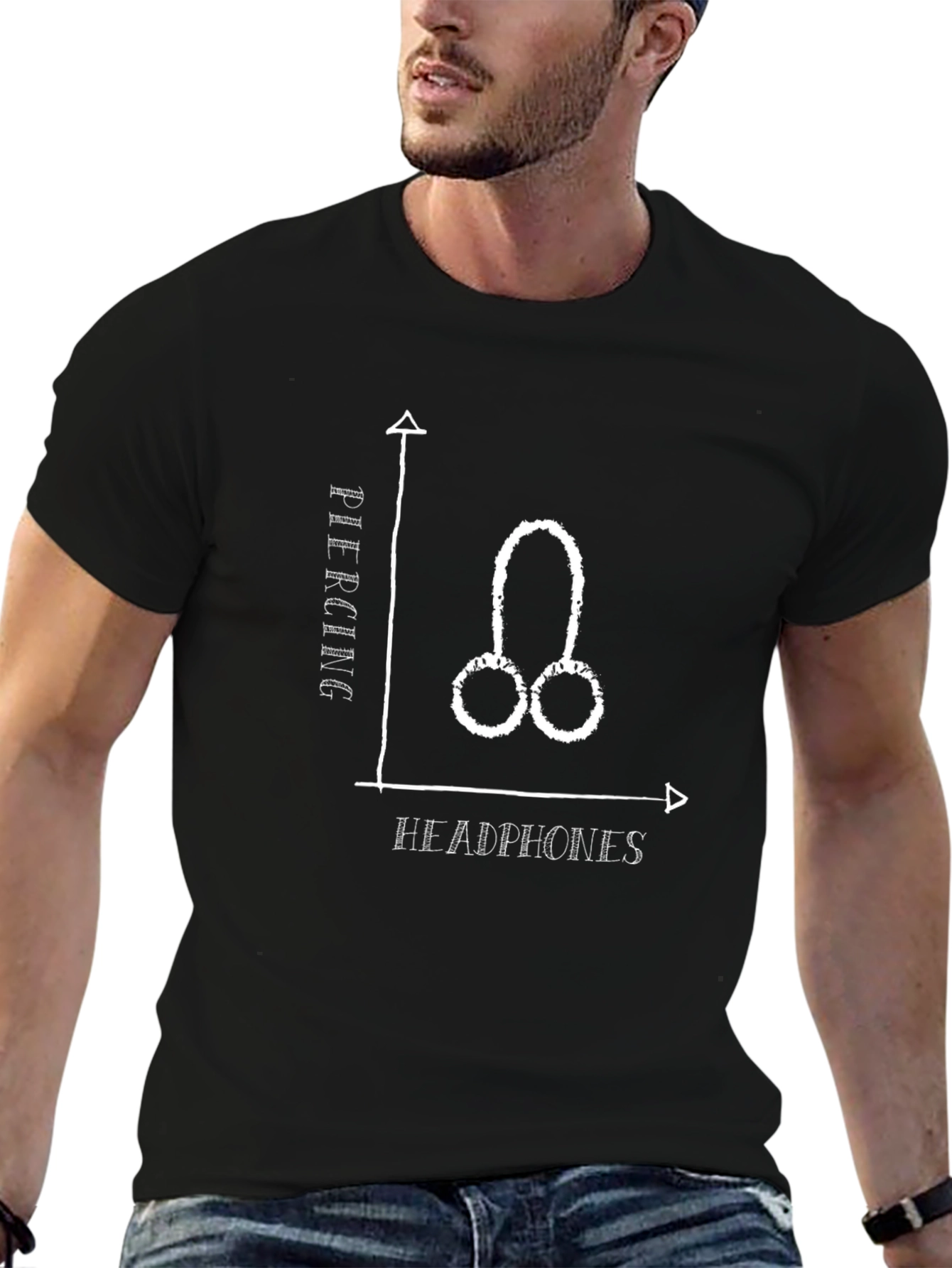 Humorous Piercing vs Headphones Graphic Tee