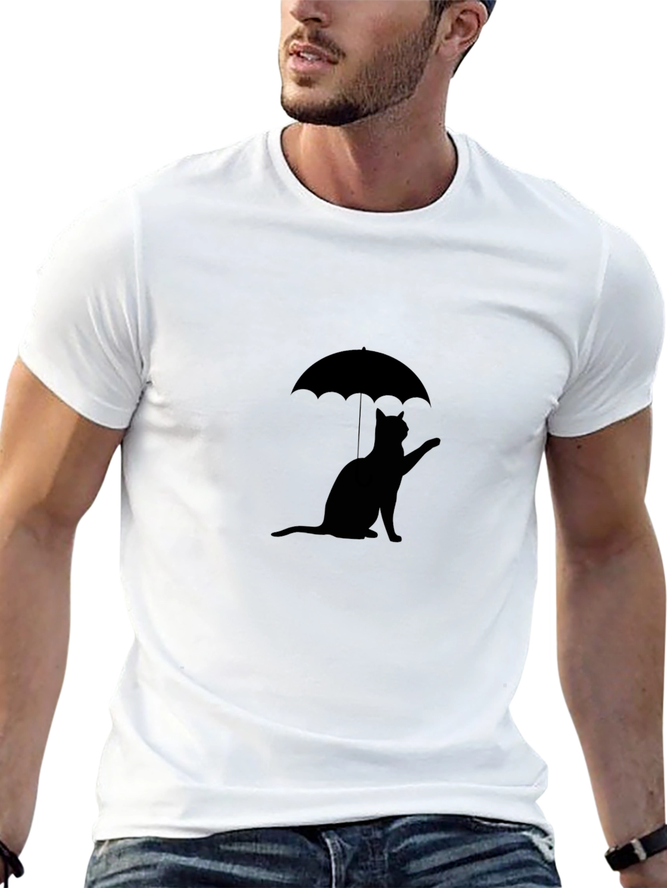 Cat Under Umbrella Black T-Shirt