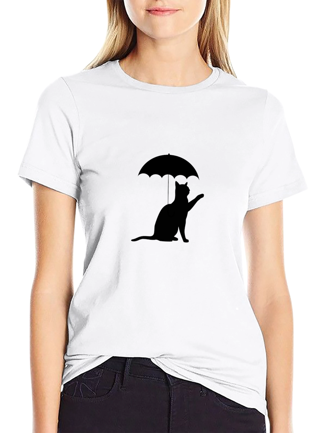 Cat Under Umbrella Black T-Shirt