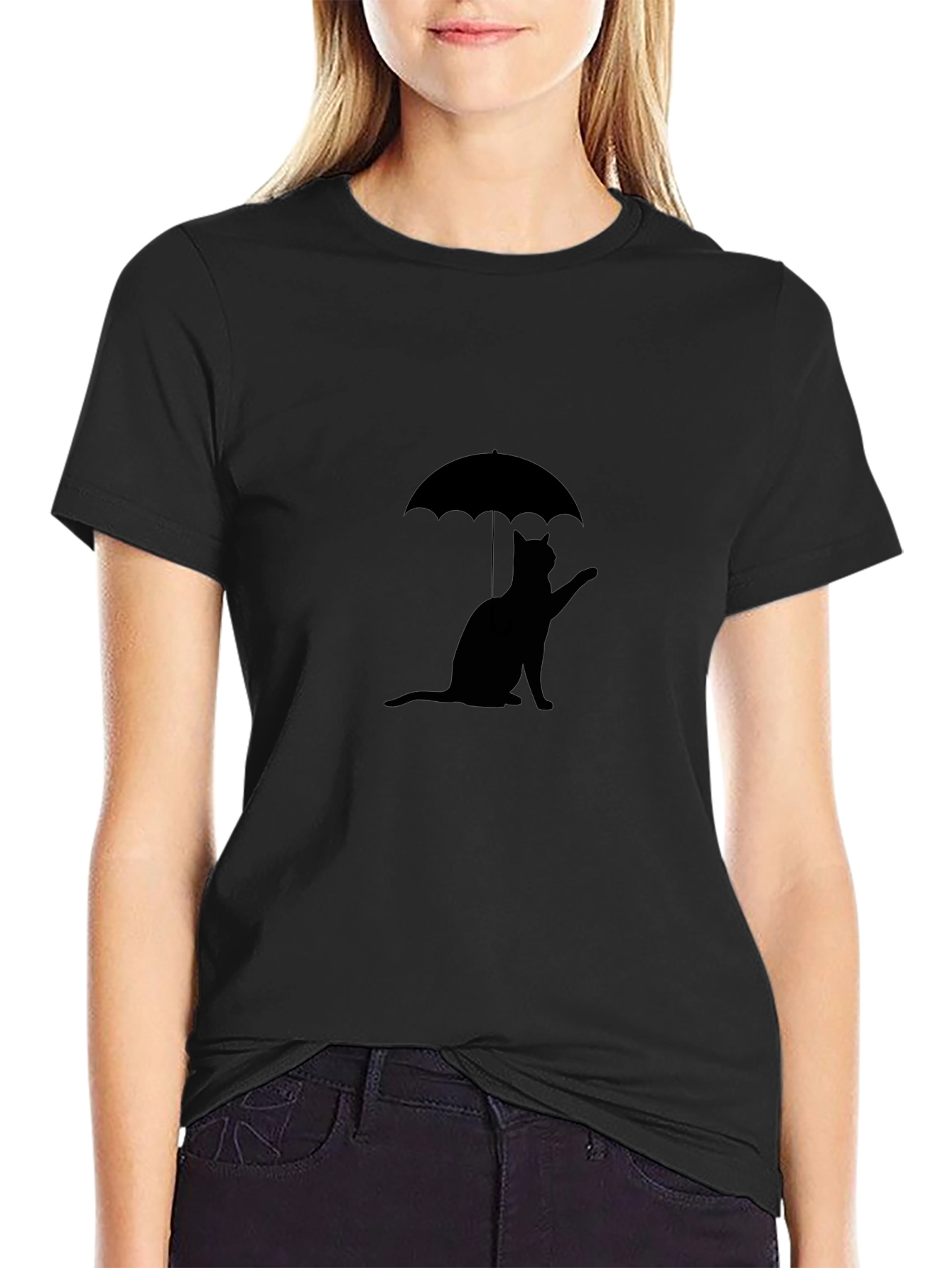 Cat Under Umbrella Black T-Shirt