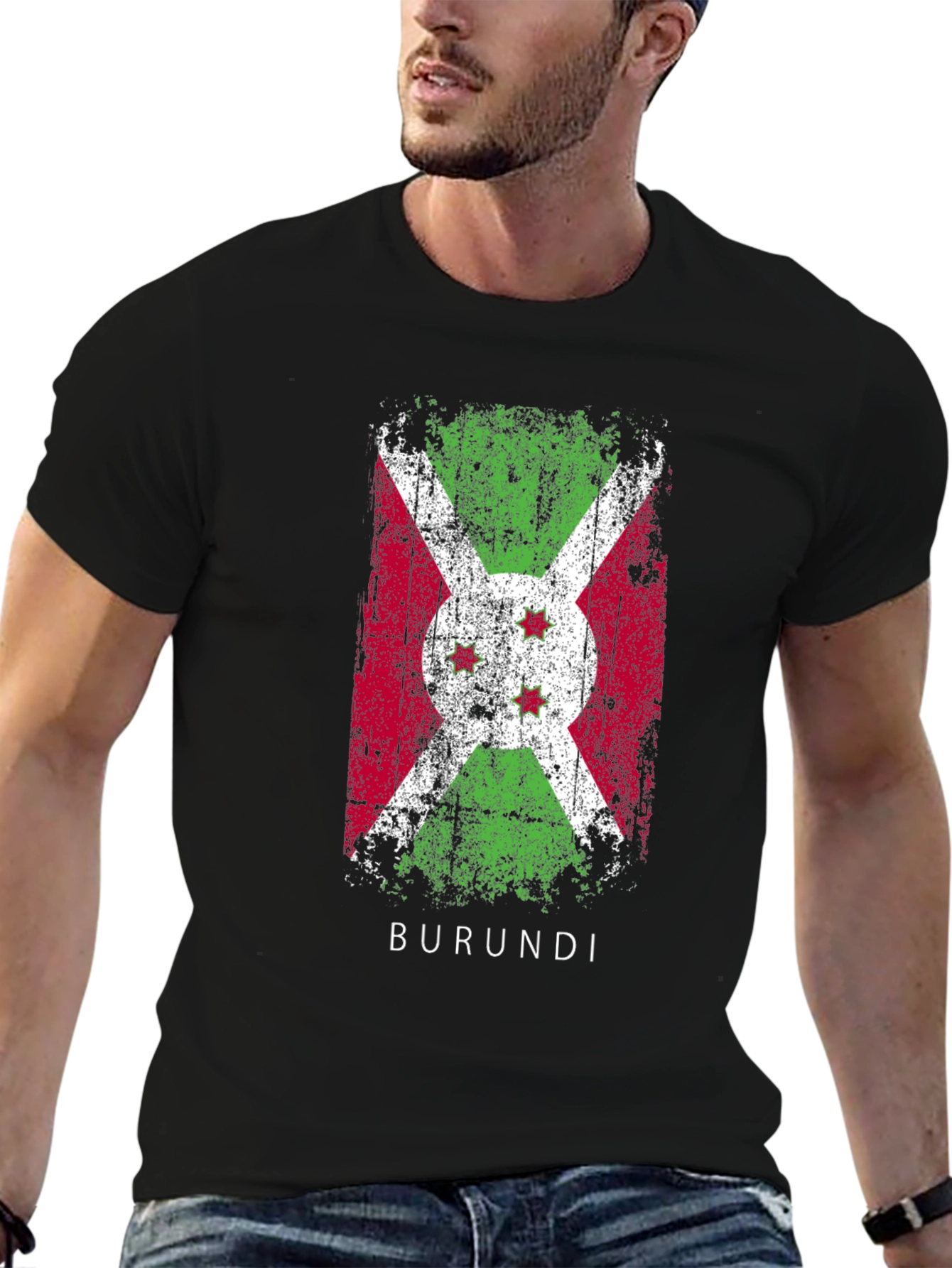 Burundi Flag T-Shirt Distressed Style Mens Black Tee