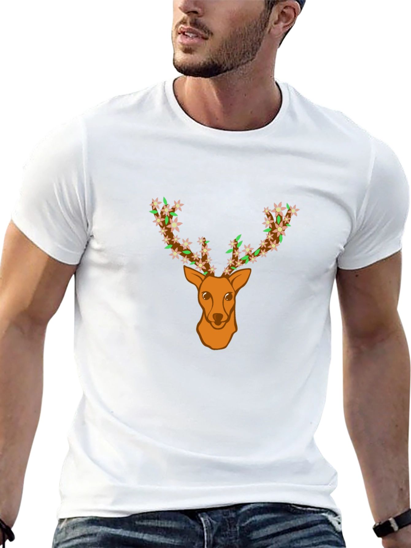 Floral Deer Head Graphic Tee - Black T-Shirt