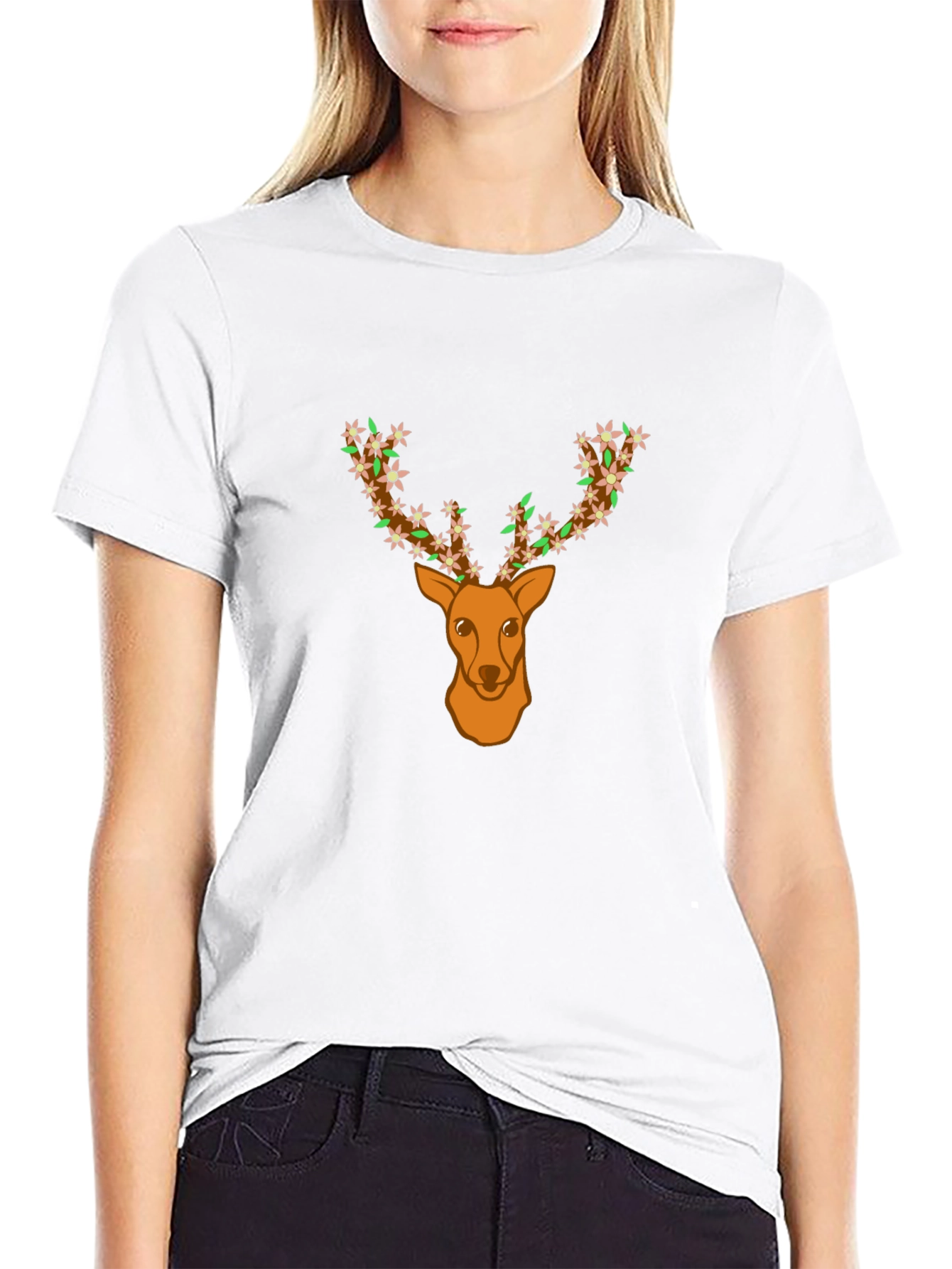 Floral Deer Head Graphic Tee - Black T-Shirt