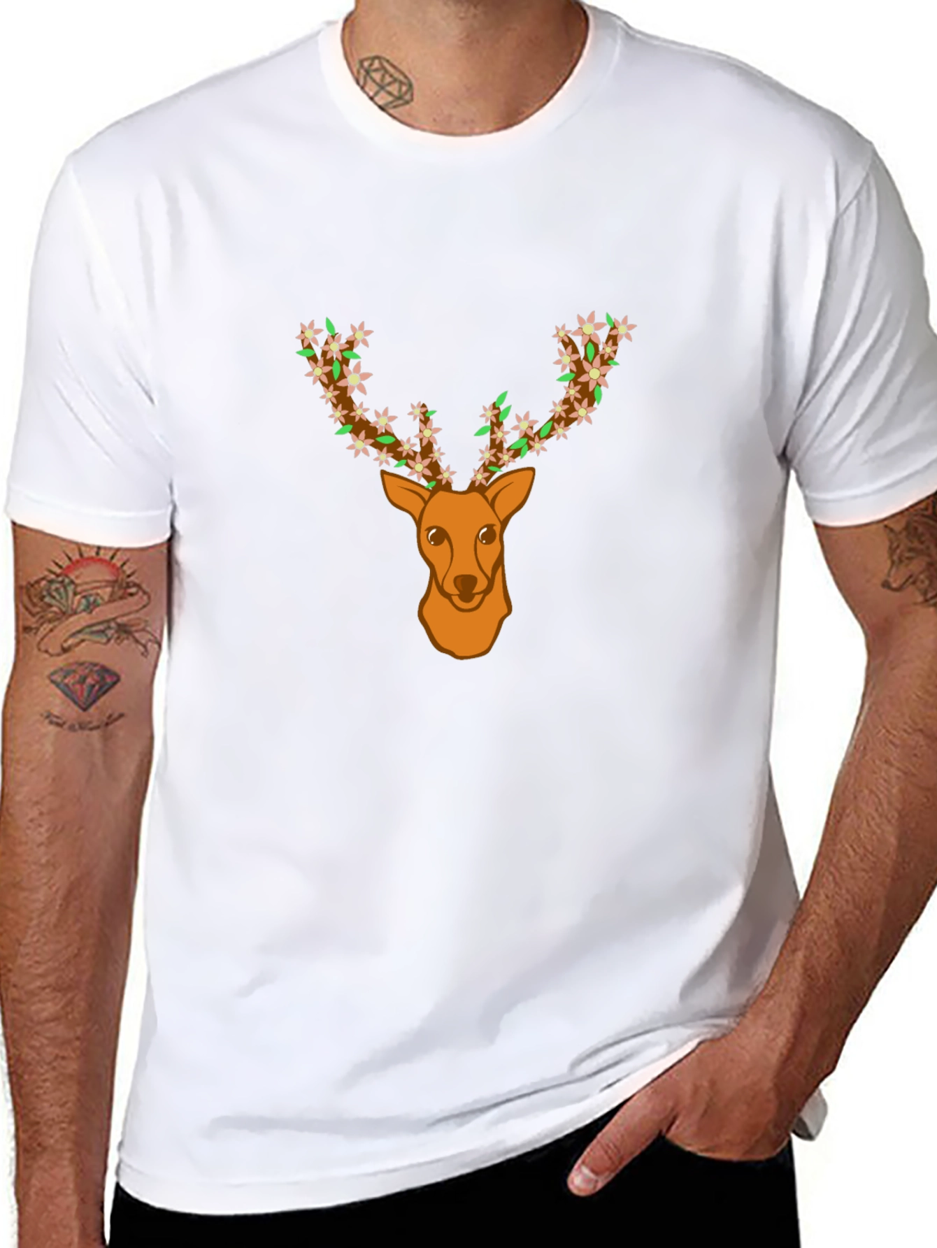 Floral Deer Head Graphic Tee - Black T-Shirt