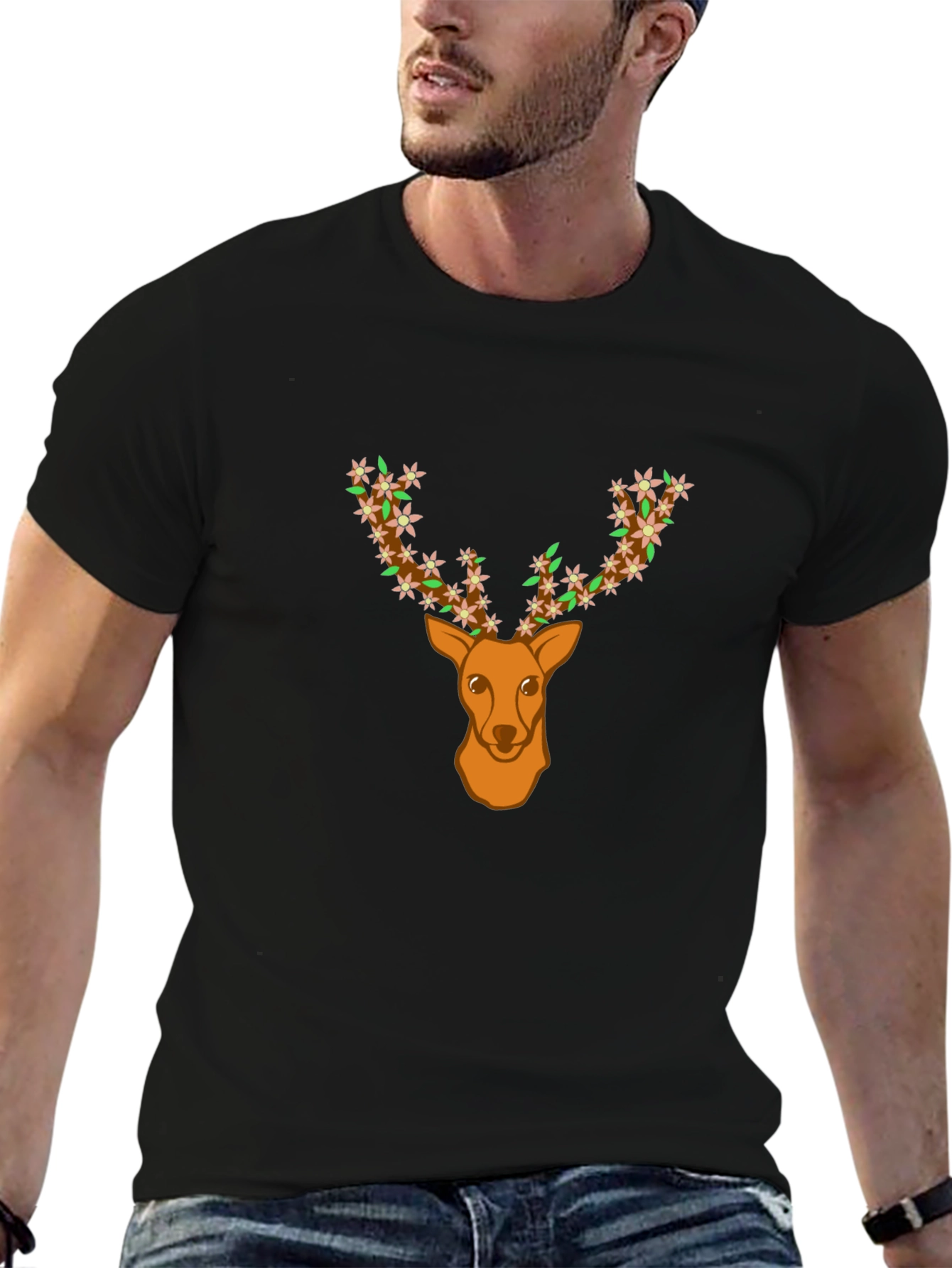 Floral Deer Head Graphic Tee - Black T-Shirt