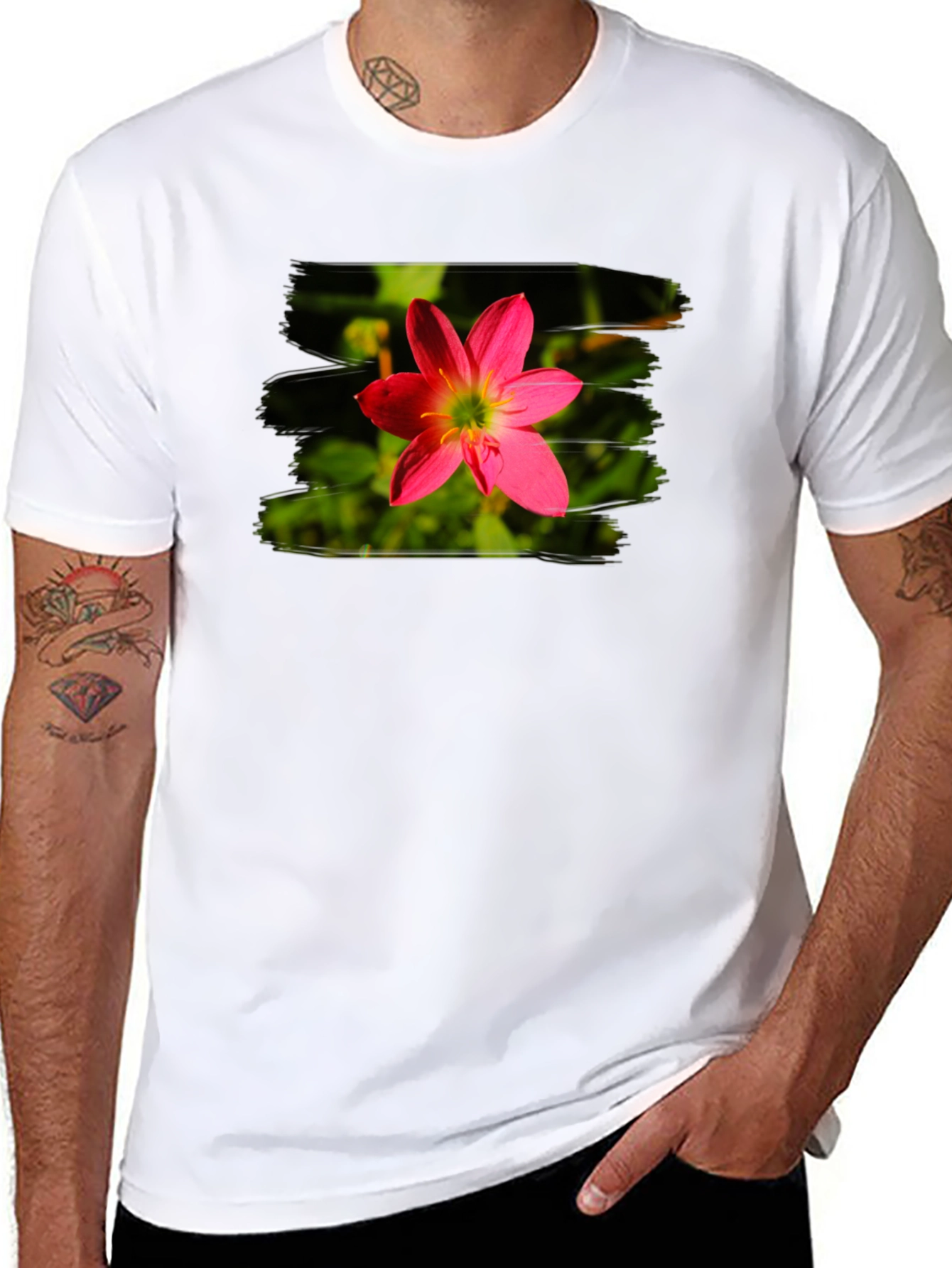 Pink Flower Graphic Tee - Stylish Mens Black T-Shirt
