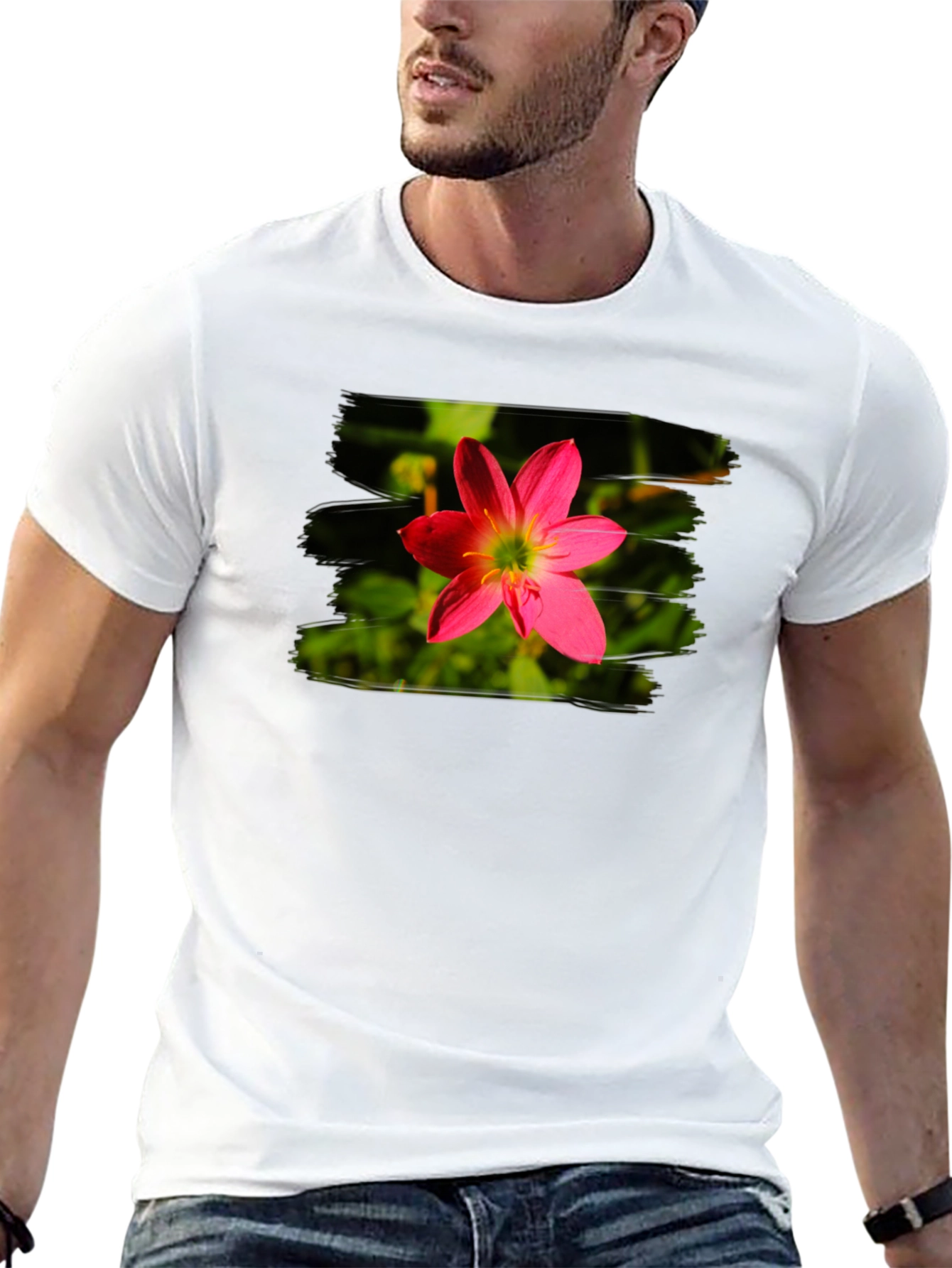Pink Flower Graphic Tee - Stylish Mens Black T-Shirt