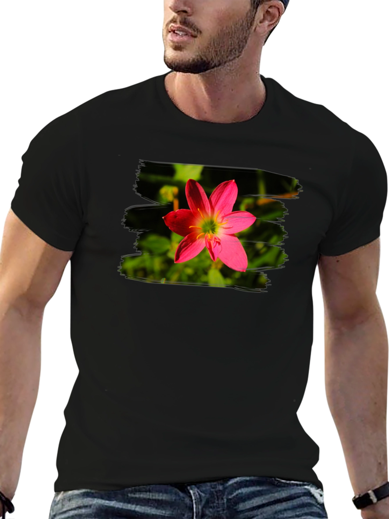 Pink Flower Graphic Tee - Stylish Mens Black T-Shirt