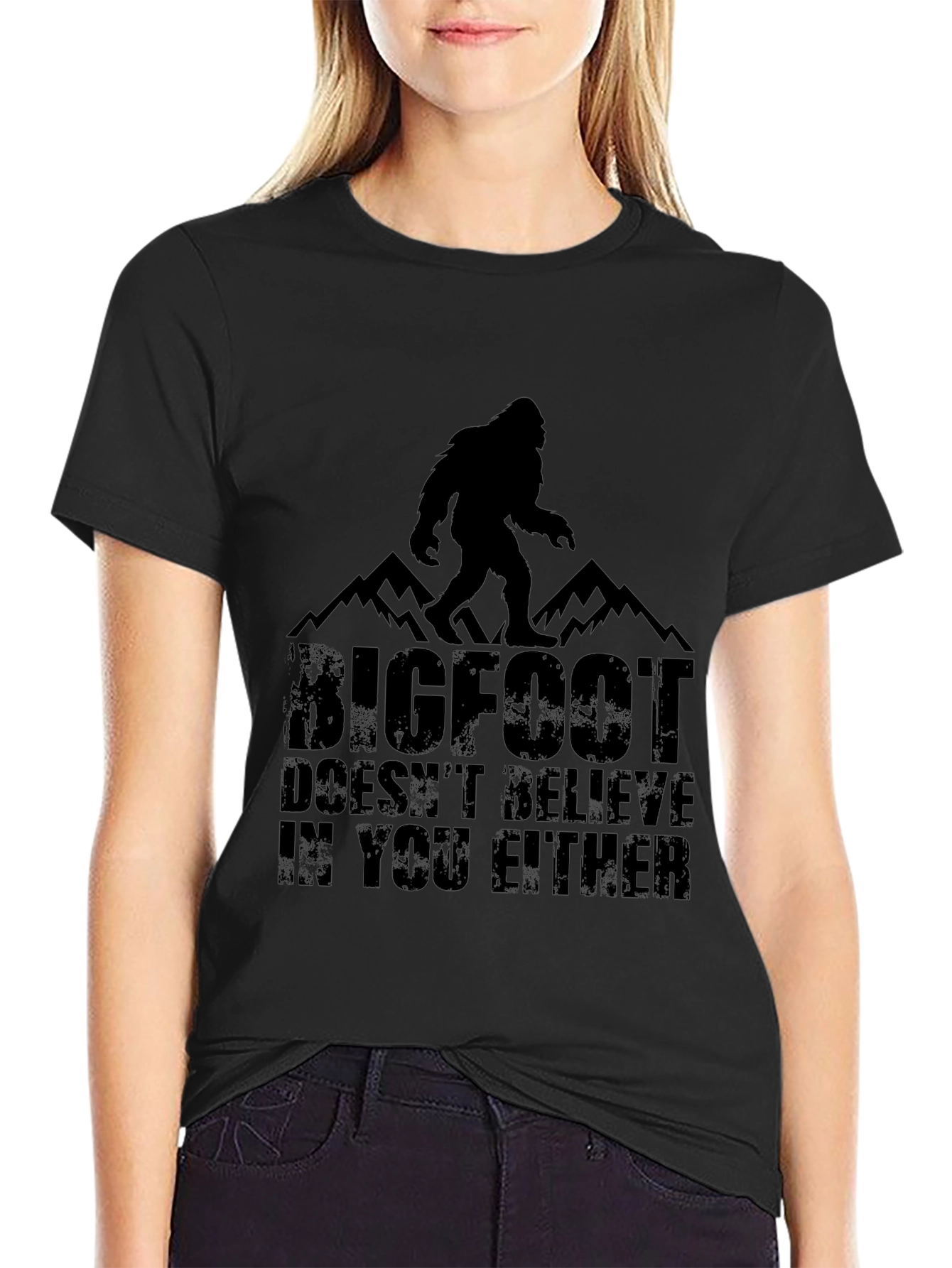 Bigfoot Doesnt Believe T-Shirt - Black Graphic Tee