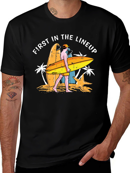 First In The Lineup T-Shirt - Surfer Beach Graphic Tee