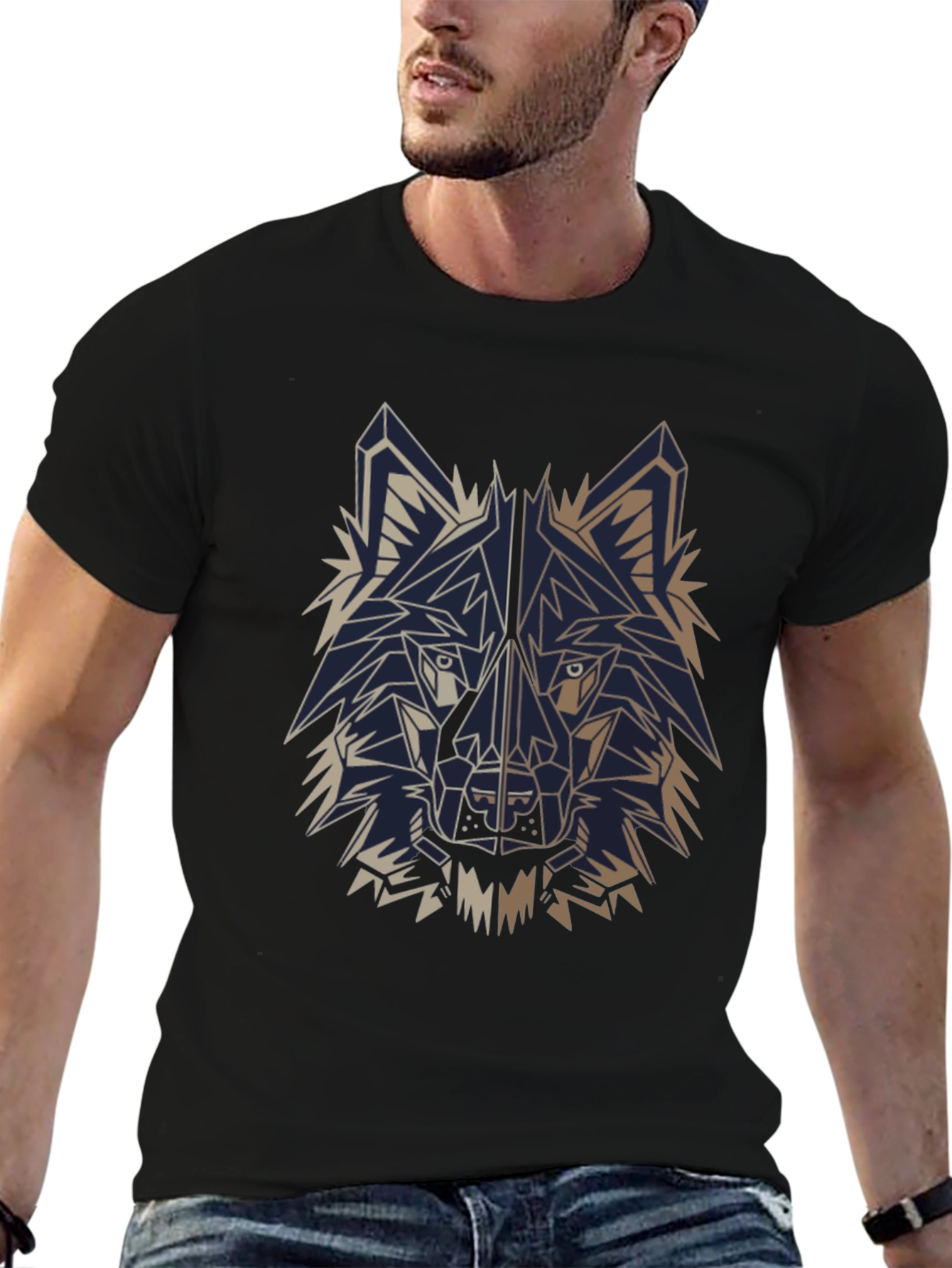 Geometric Wolf T-Shirt - Black Cotton Graphic Tee