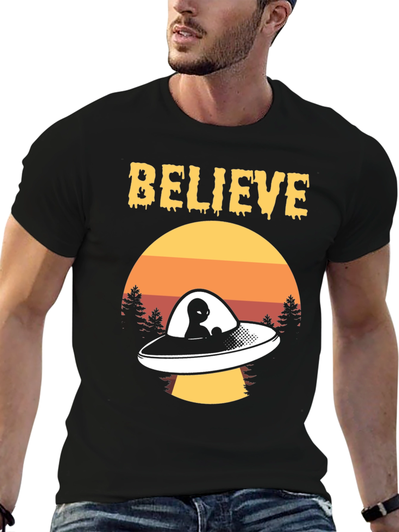 Believe Alien UFO Graphic Tee Retro Style