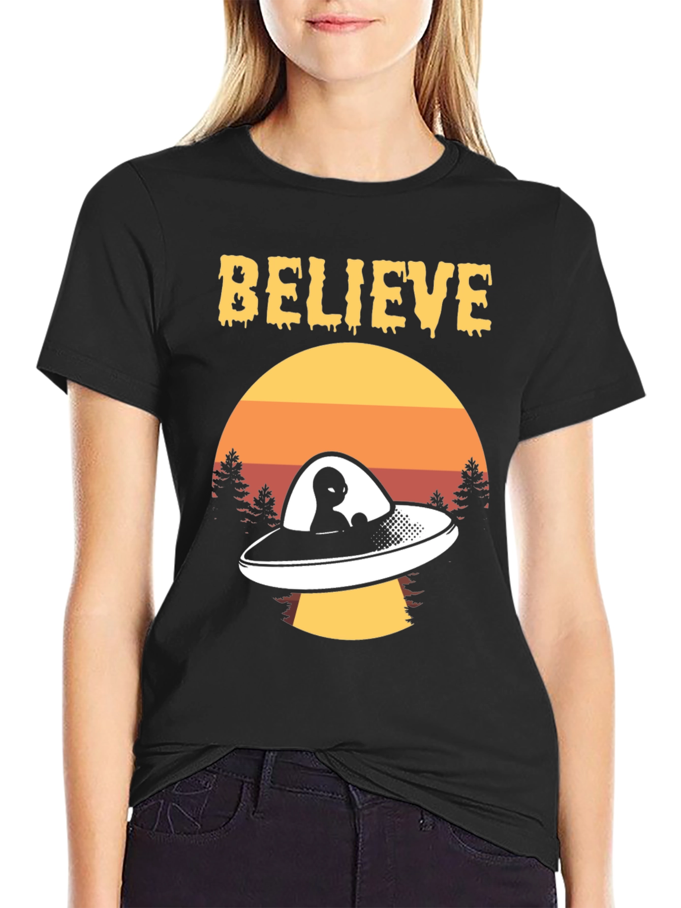 Believe Alien UFO Graphic Tee Retro Style